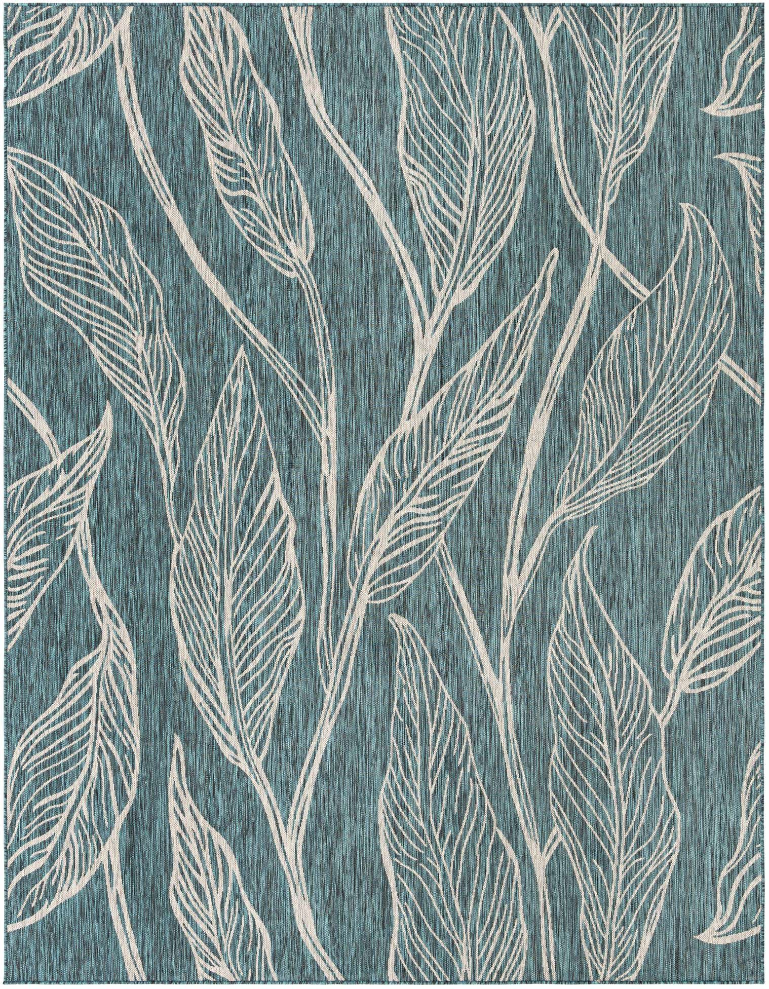 A 9x12 rectangular indoor/outdoor rug featuring a modern botanical pattern with white abstract leaves on a textured blue-green background.