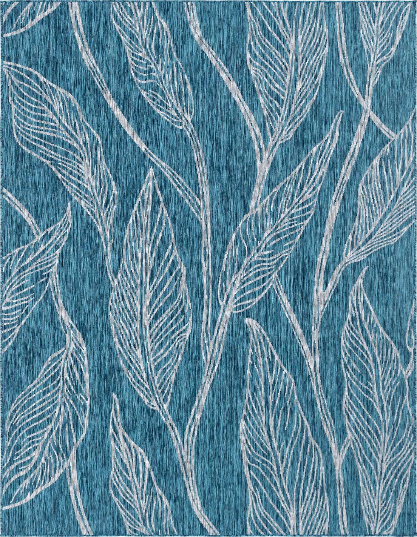 A vibrant 8x11 rectangular indoor/outdoor rug with a teal blue background and an abstract white botanical leaf pattern.