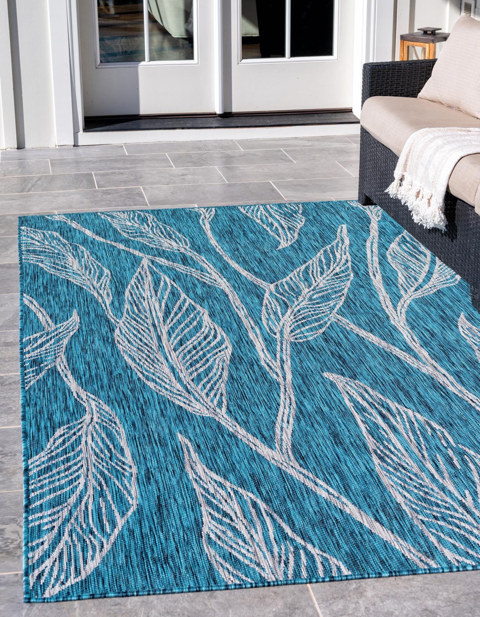 Teal 7' 10 x 11' Botanical Indoor / Outdoor Rug | Rugs.com