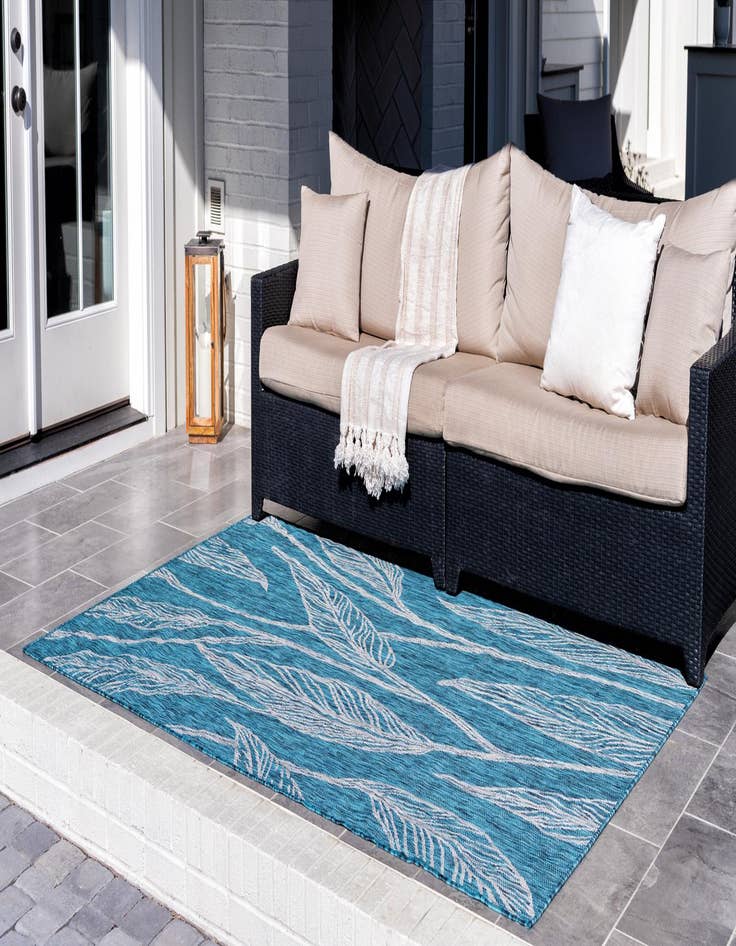 Detail image of  Custom Teal  Washable Botanical Indoor / Outdoor Rug