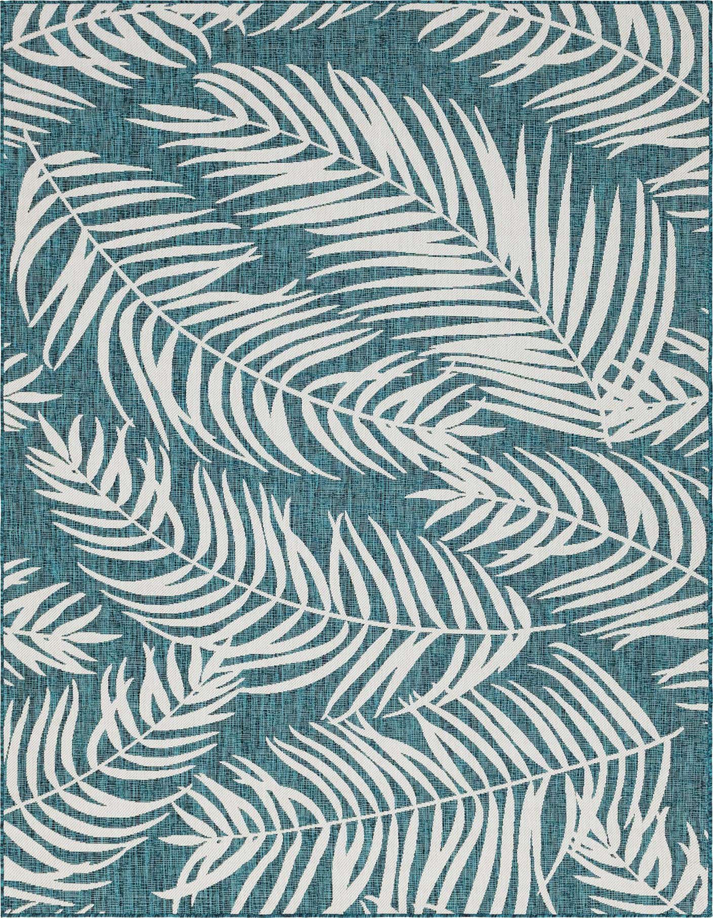 8x11 rectangular indoor/outdoor rug with a teal background and large white tropical palm leaf patterns.