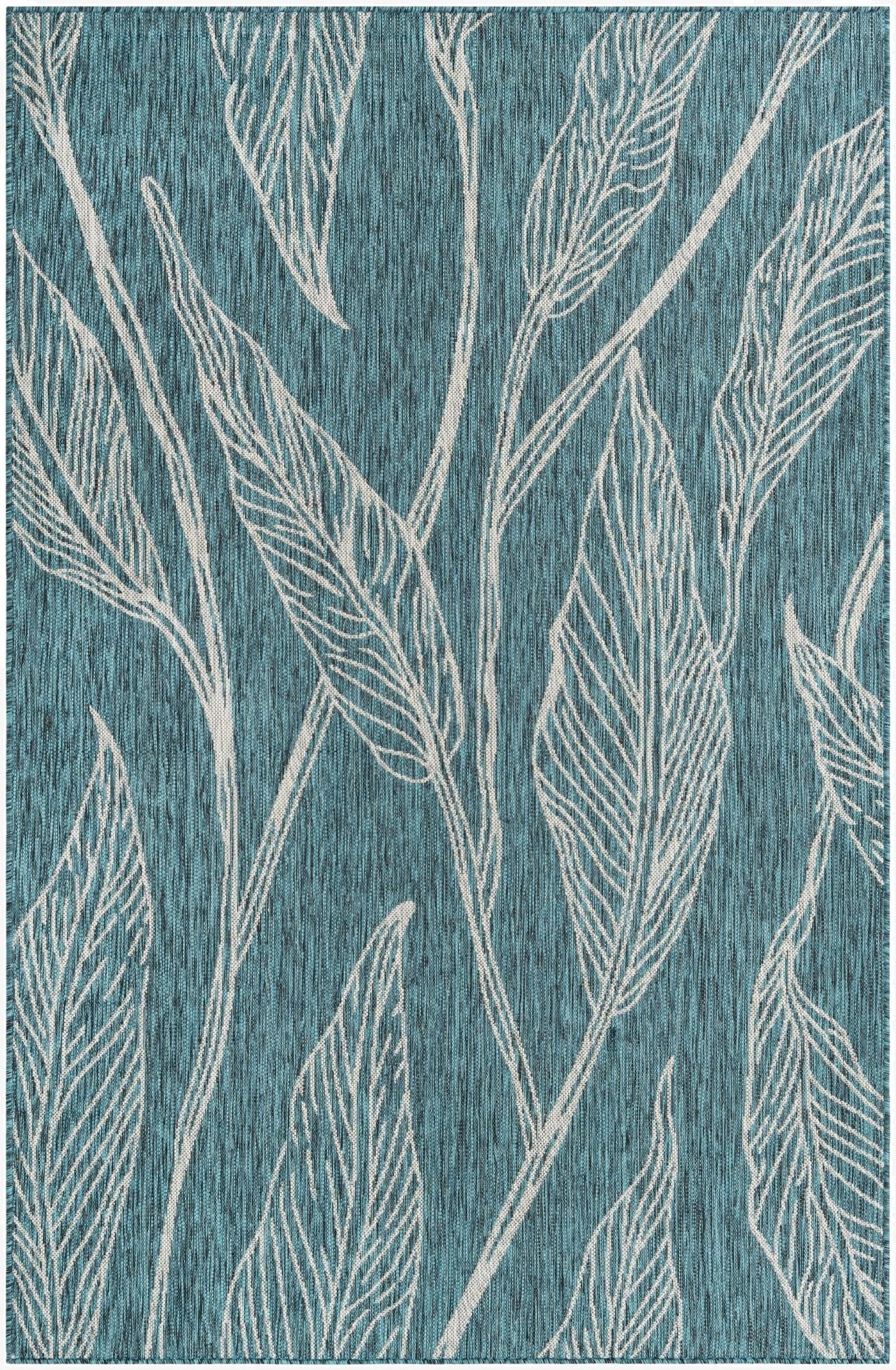  Custom Teal  Washable Botanical Indoor / Outdoor Rug