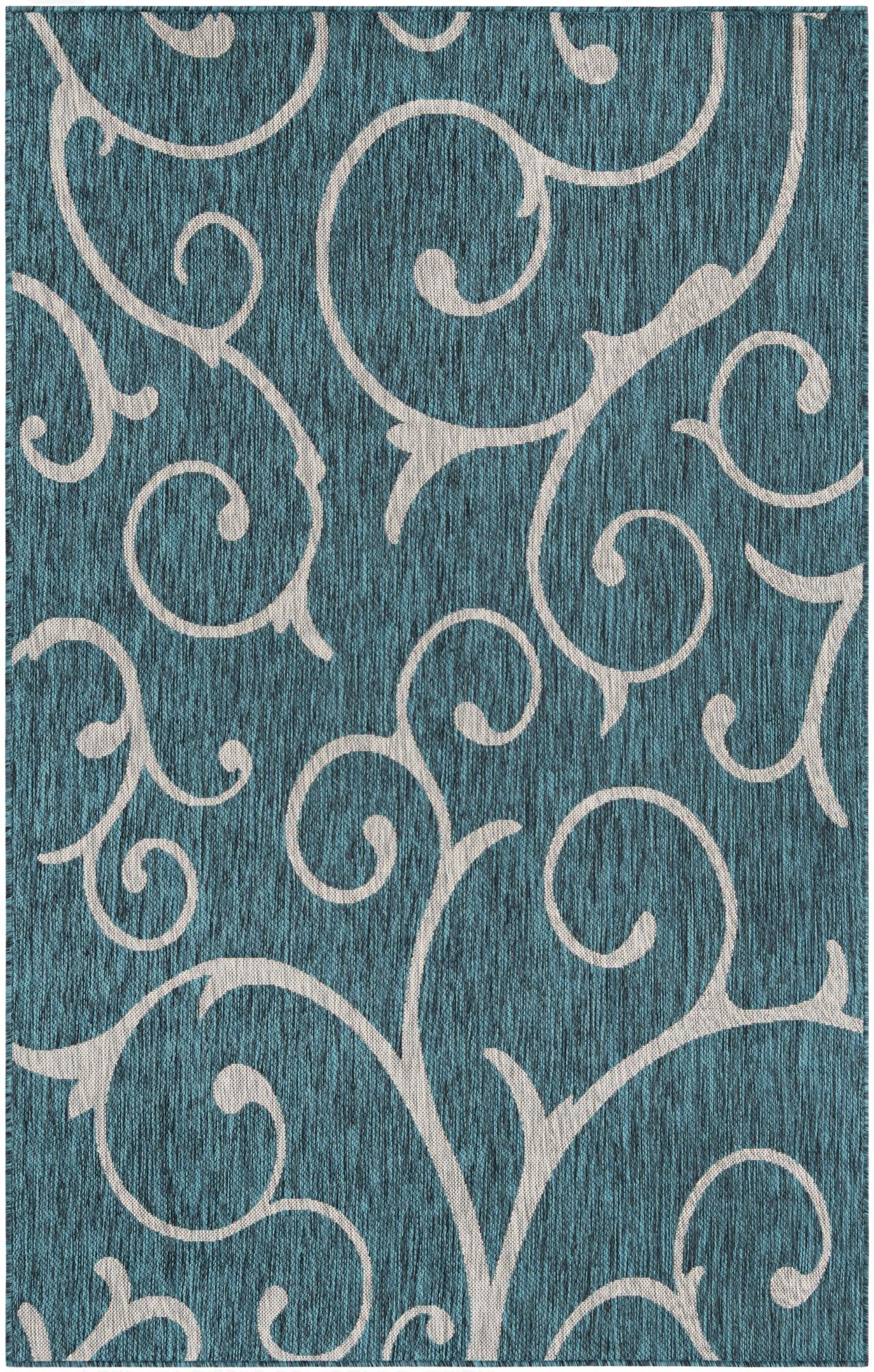  Custom Teal  Washable Botanical Indoor / Outdoor Rug