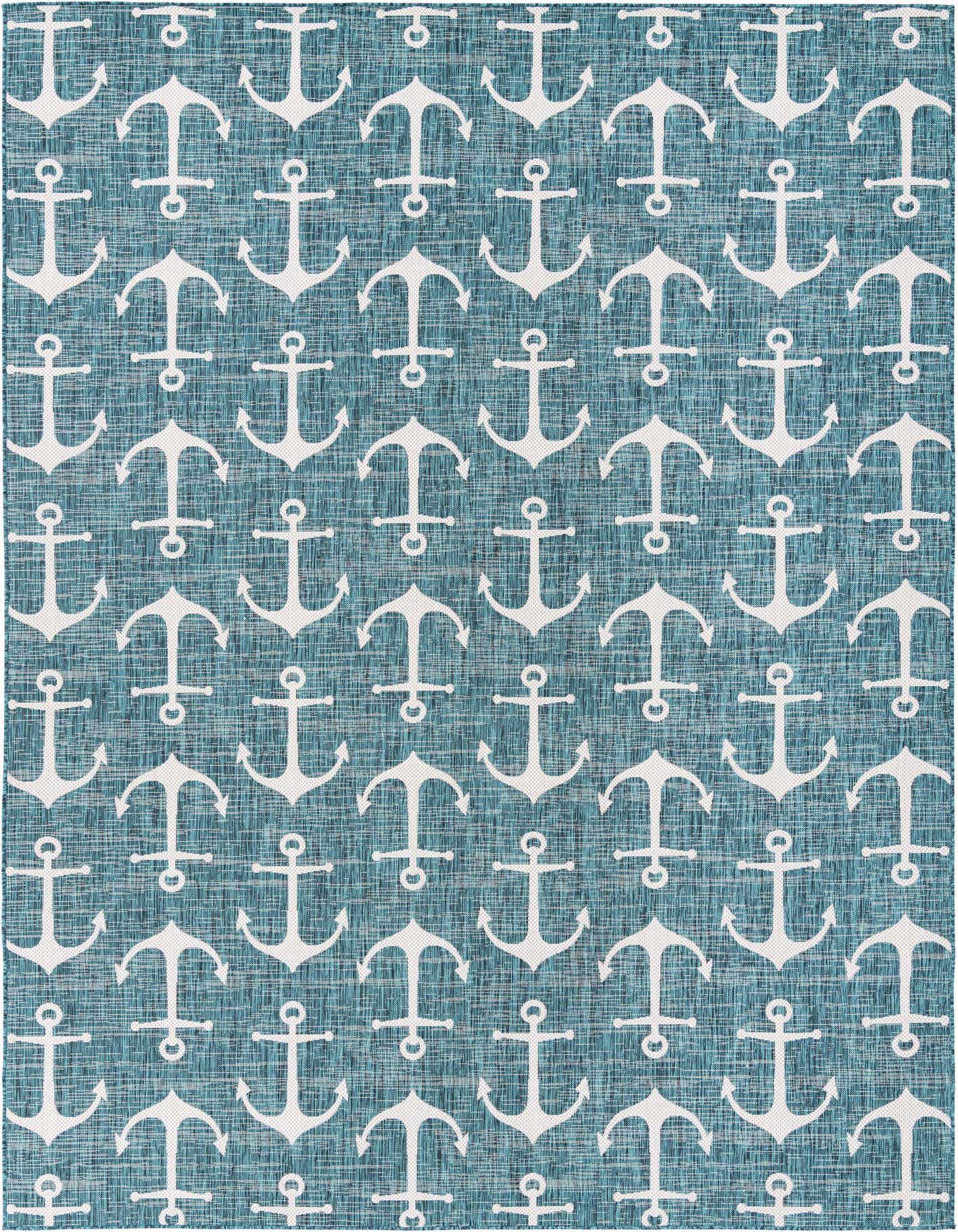 A 10x14 rectangular blue and green indoor/outdoor rug with a repeating pattern of white anchors, perfect for a patio.