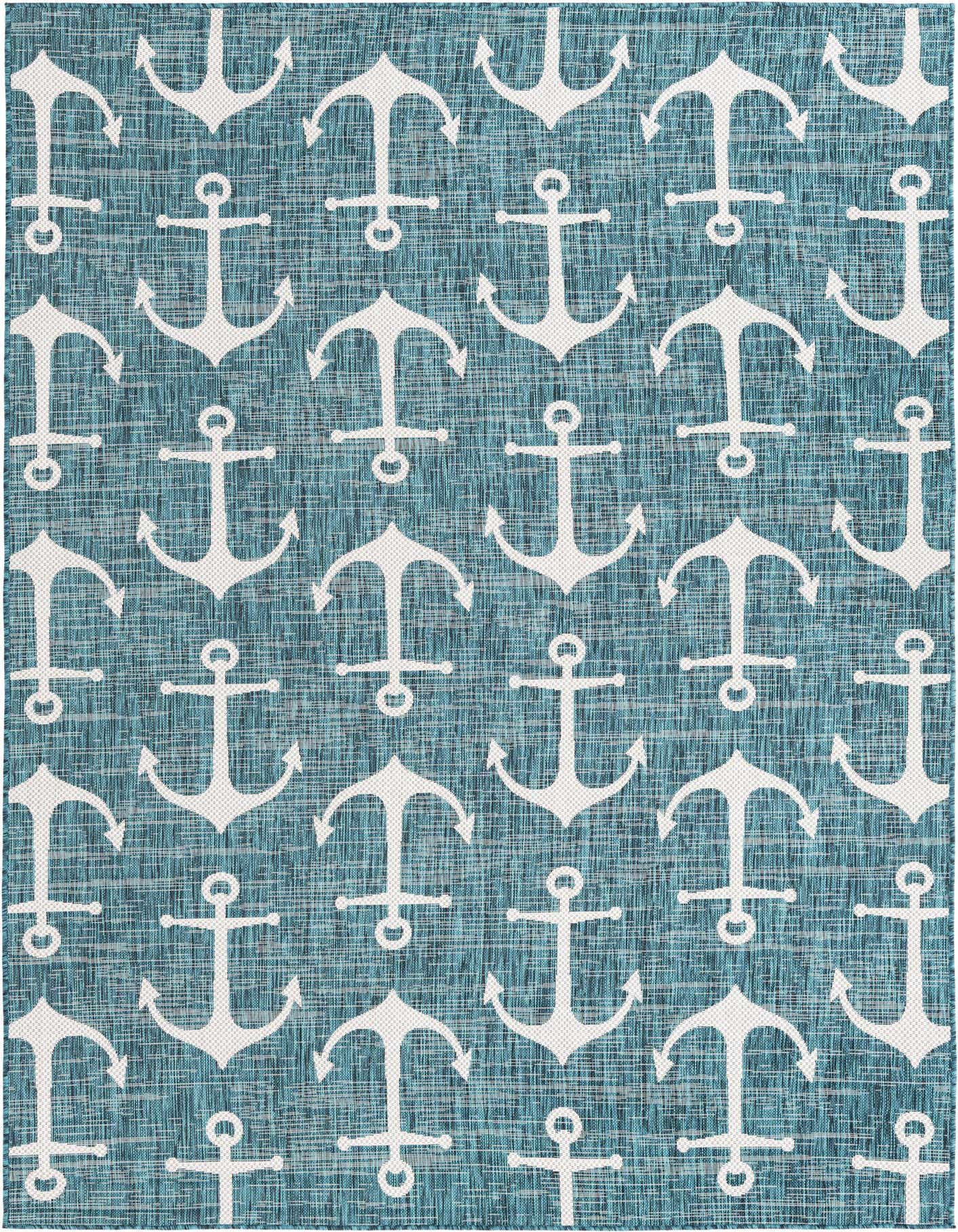 A 7x10 rectangular blue and white indoor/outdoor rug with a repeating nautical anchor pattern, ideal for a patio or living room.