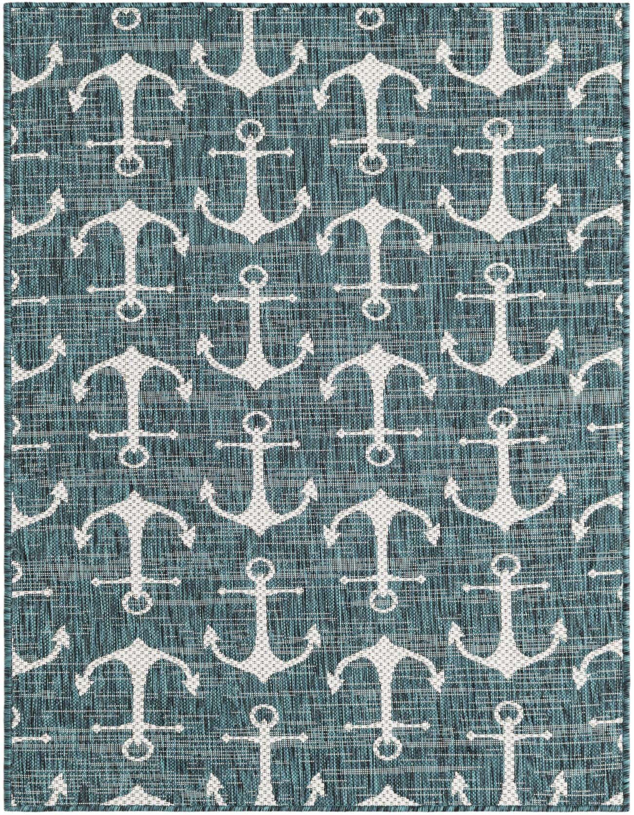 A 3x5 rectangular blue and green coastal rug with a repeating pattern of white anchors, suitable for indoor or outdoor use.