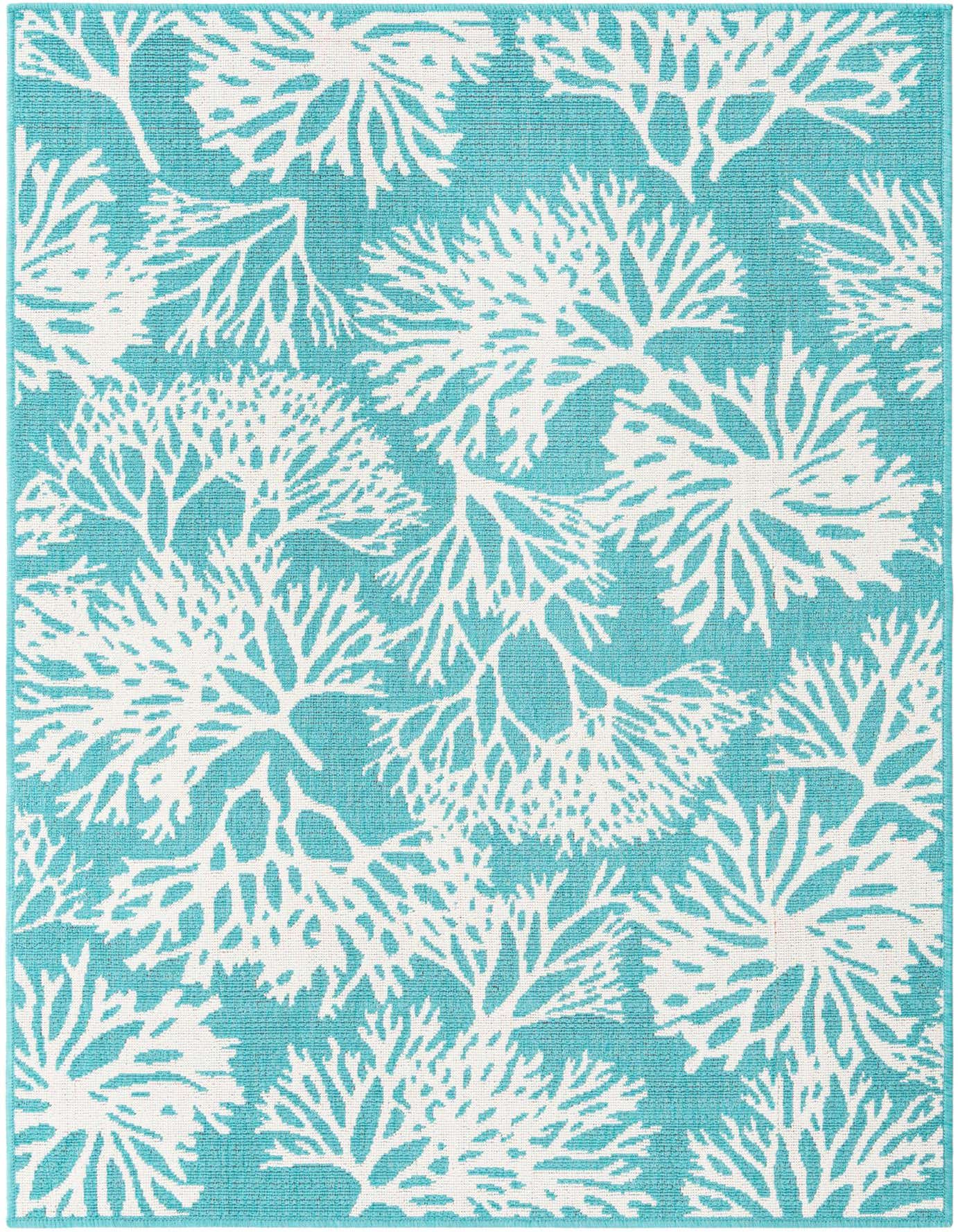 A 4x6 rectangular indoor/outdoor rug featuring a vibrant blue background with a white coral pattern, ideal for a patio or living room.