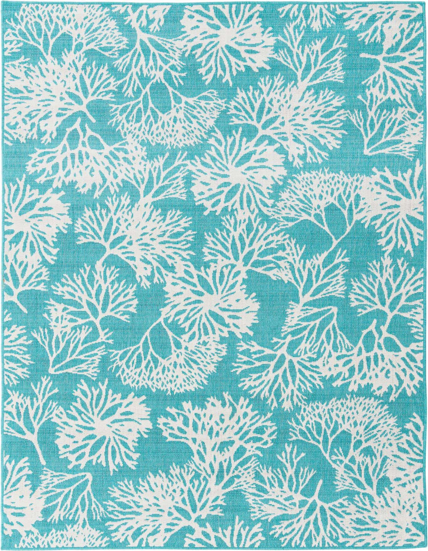 A 6x9 rectangular indoor/outdoor rug featuring a vibrant blue background with a scattered white coral pattern.