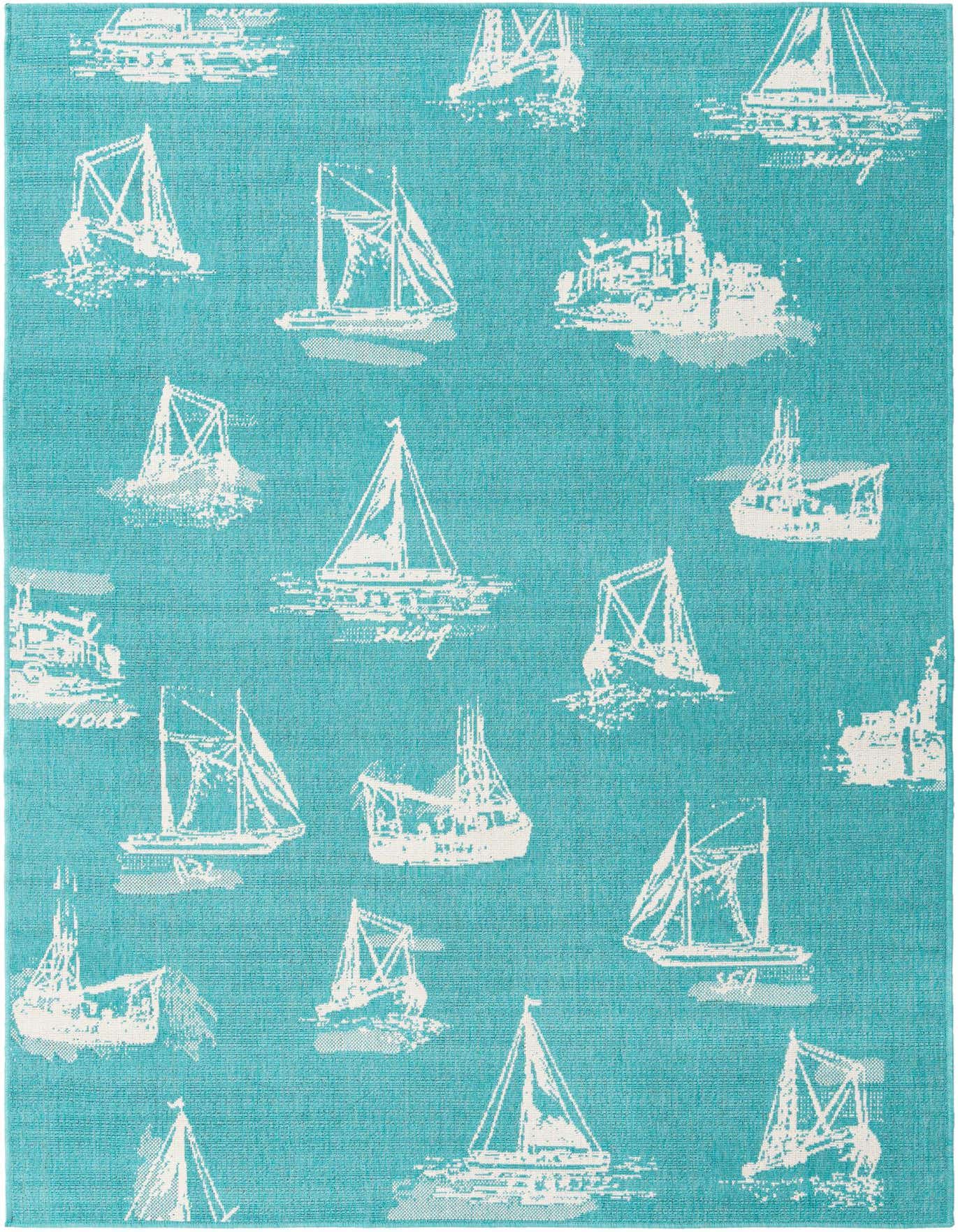 A 6x9 rectangular indoor/outdoor rug featuring a modern nautical pattern of various white sailboats and fishing boats on a vibrant blue-green background.