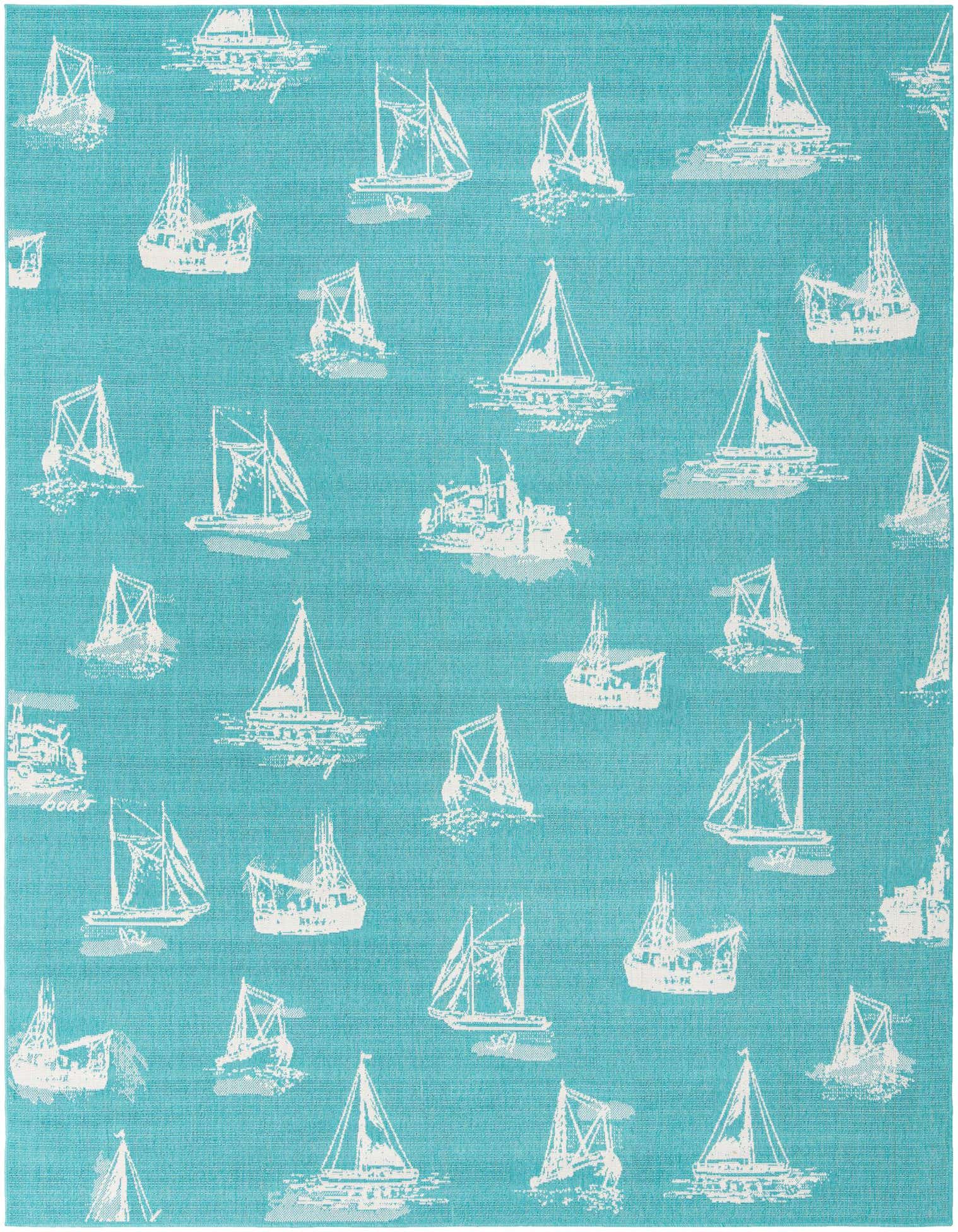 A 9x12 rectangular indoor/outdoor rug with a teal background and white sailboat and boat patterns, ideal for a patio.