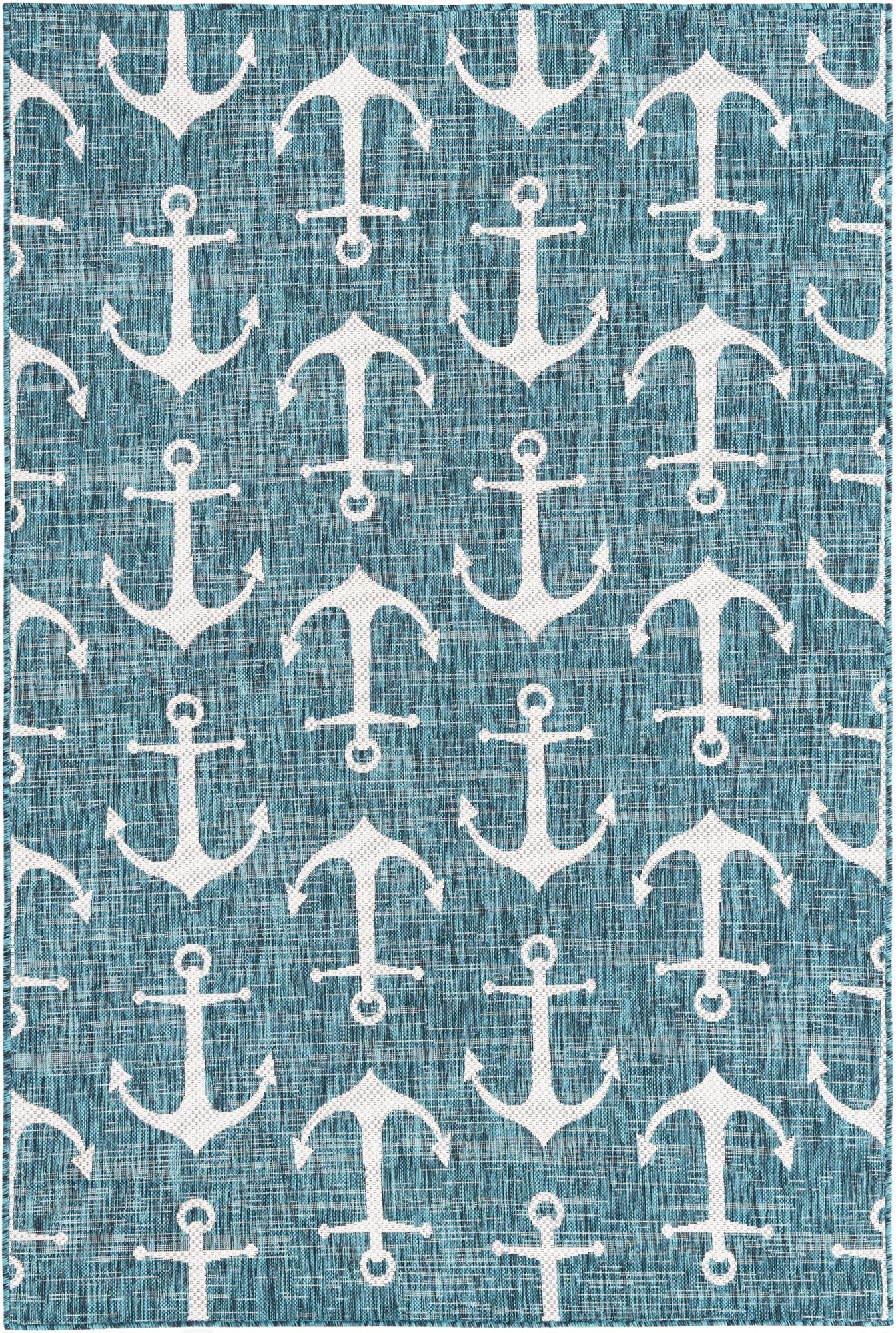  Custom Teal  Washable Coastal Indoor / Outdoor Rug