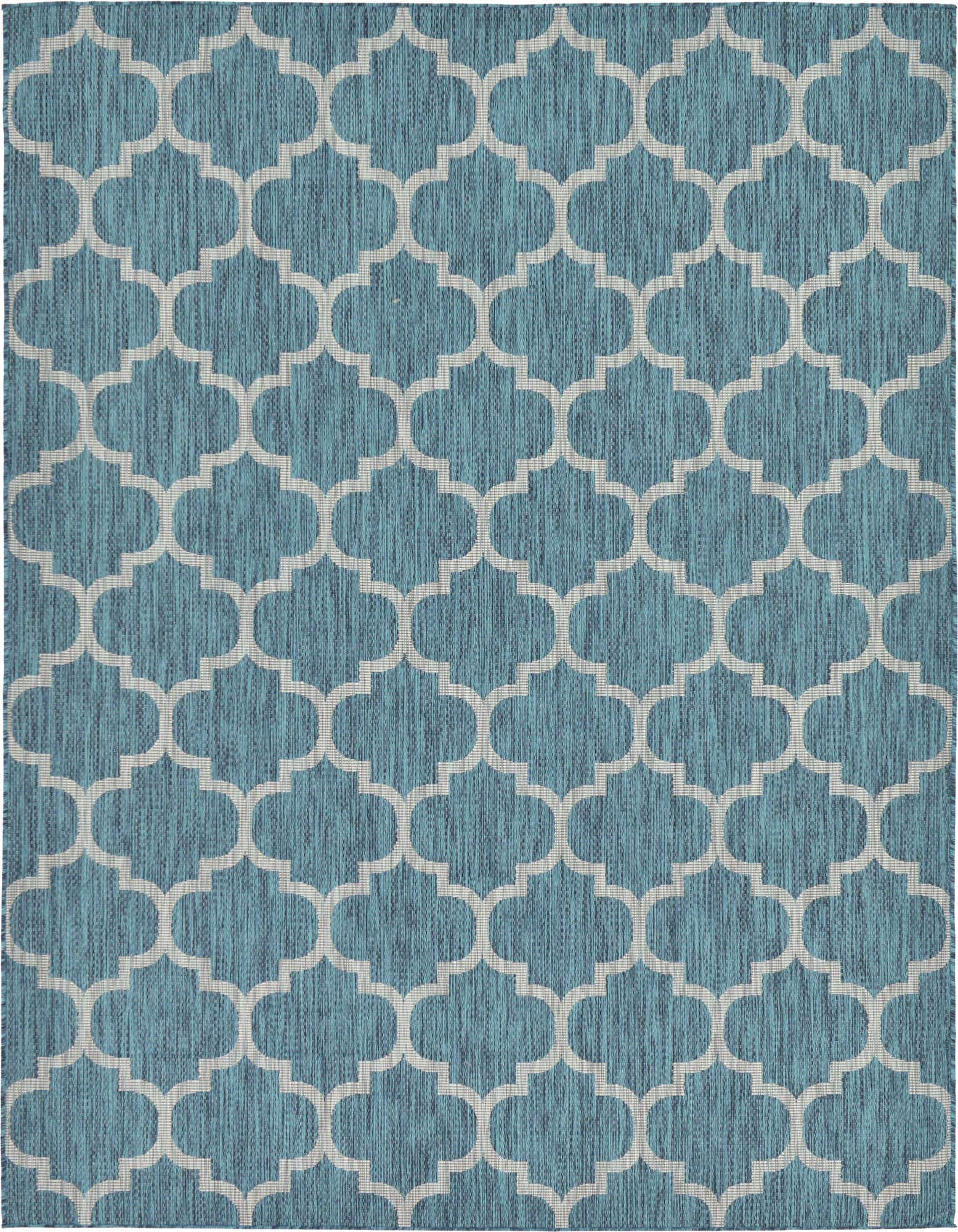 A 7x10 rectangular blue and white indoor/outdoor rug with a modern trellis pattern, suitable for a patio or living room.