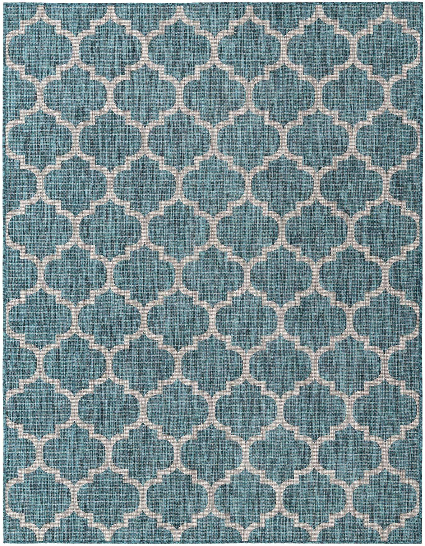 A 6x9 rectangular blue and green coastal rug with a white modern trellis pattern, suitable for indoor or outdoor use.
