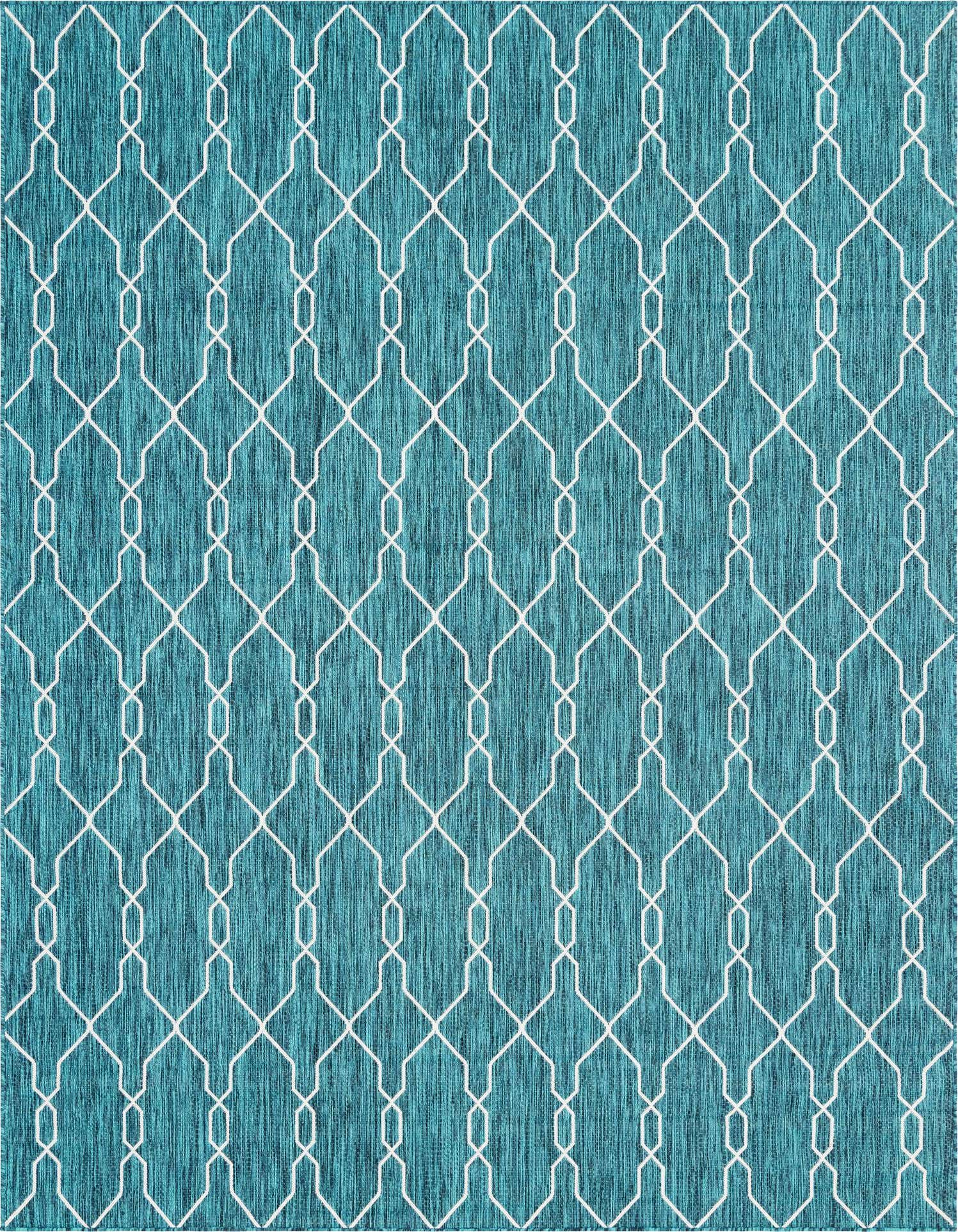 A 9x12 rectangular indoor/outdoor rug featuring a vibrant teal blue background with a white geometric lattice pattern.