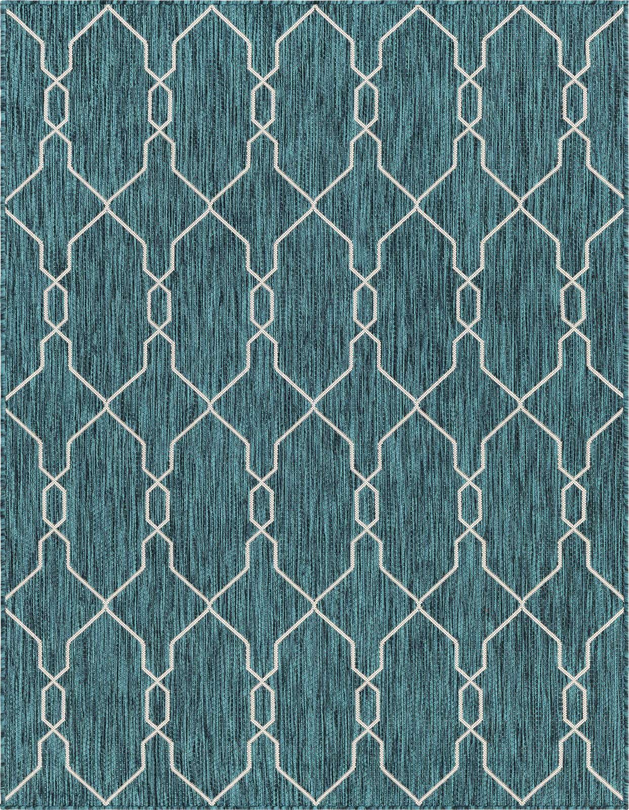 A 5x8 rectangular indoor/outdoor rug featuring a teal blue background with a white geometric lattice pattern.
