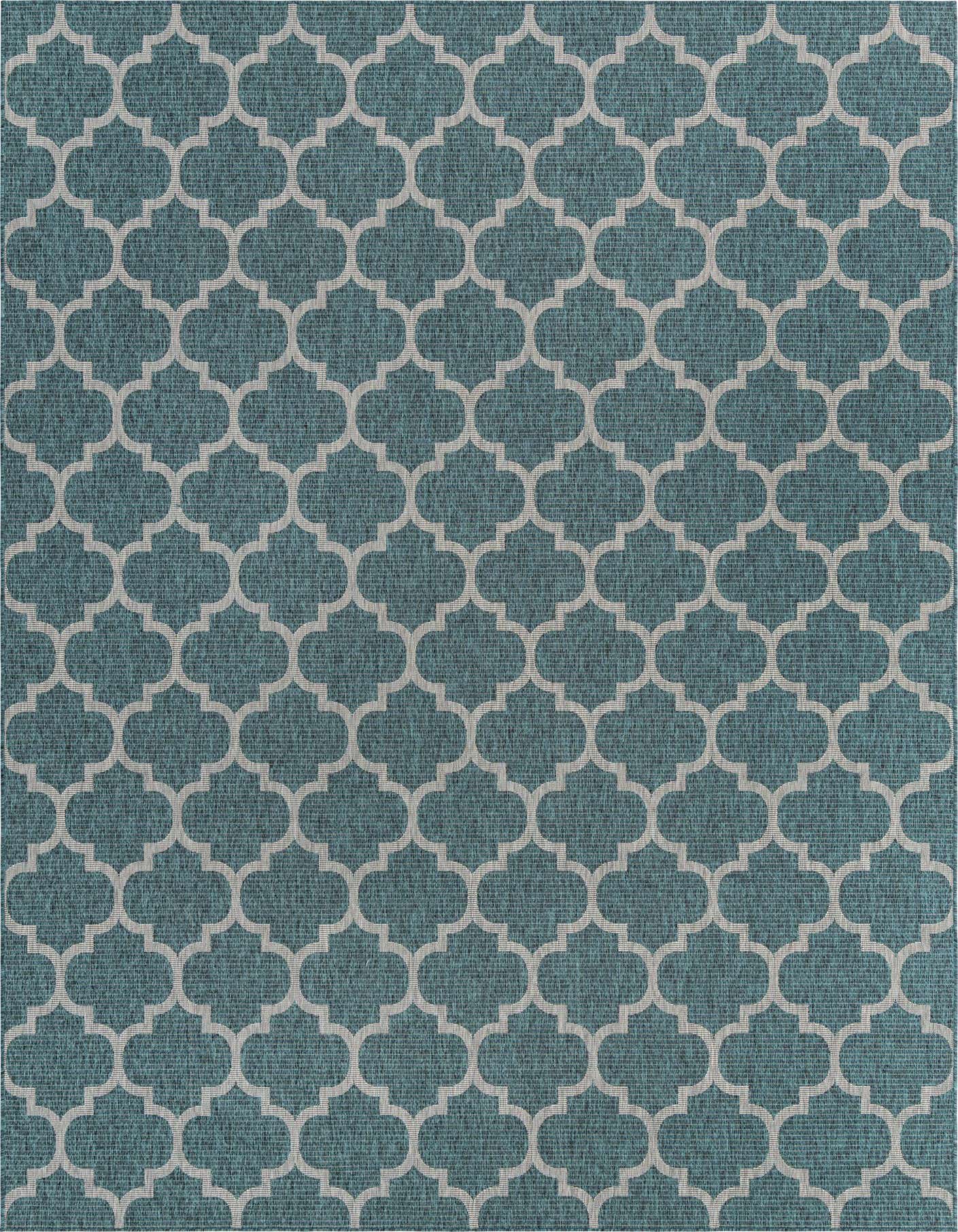 A 10x14 rectangular blue and green outdoor rug with a modern trellis pattern, suitable for a patio.