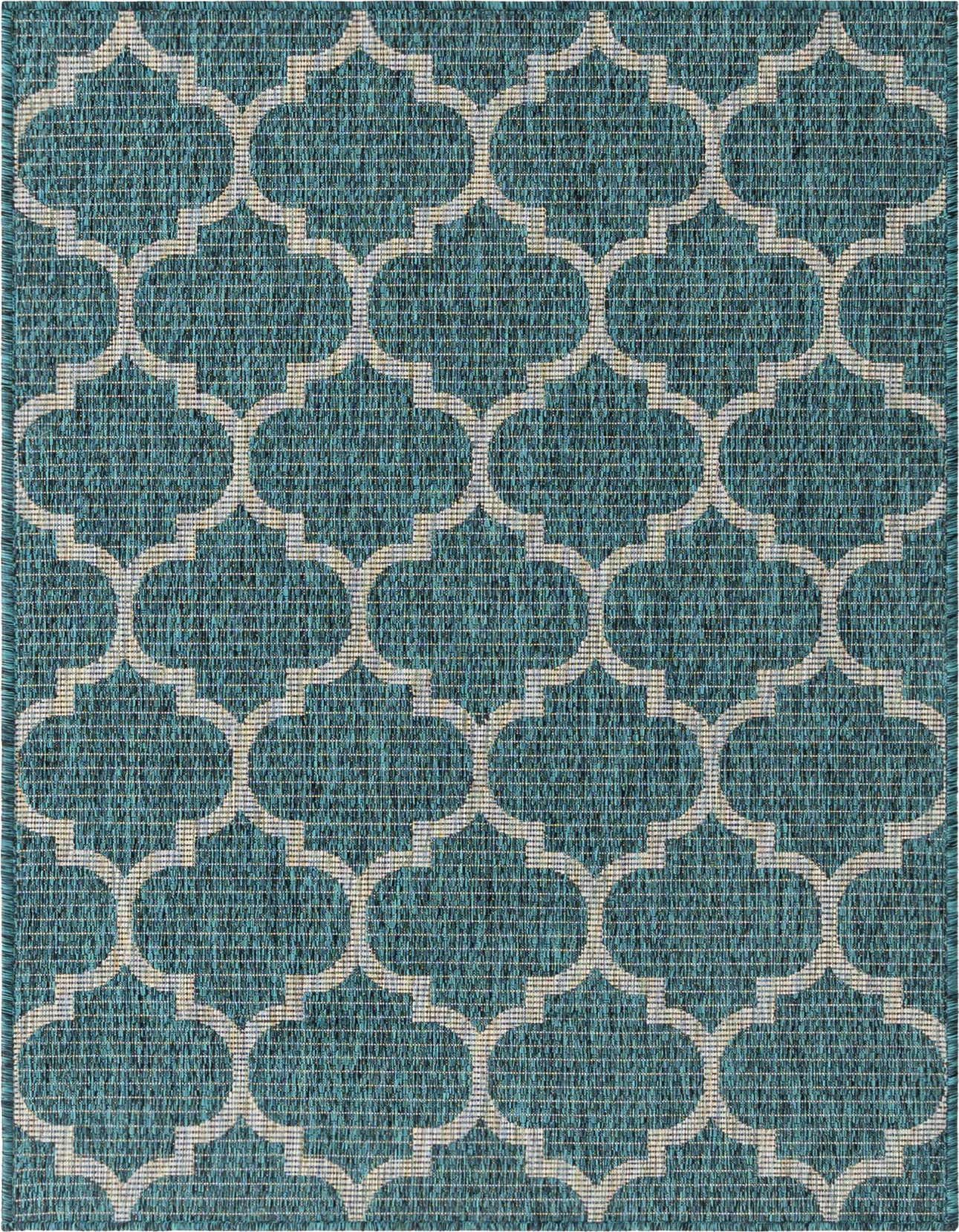 A 3x5 rectangular indoor/outdoor rug featuring a teal background with a repeating off-white trellis pattern.