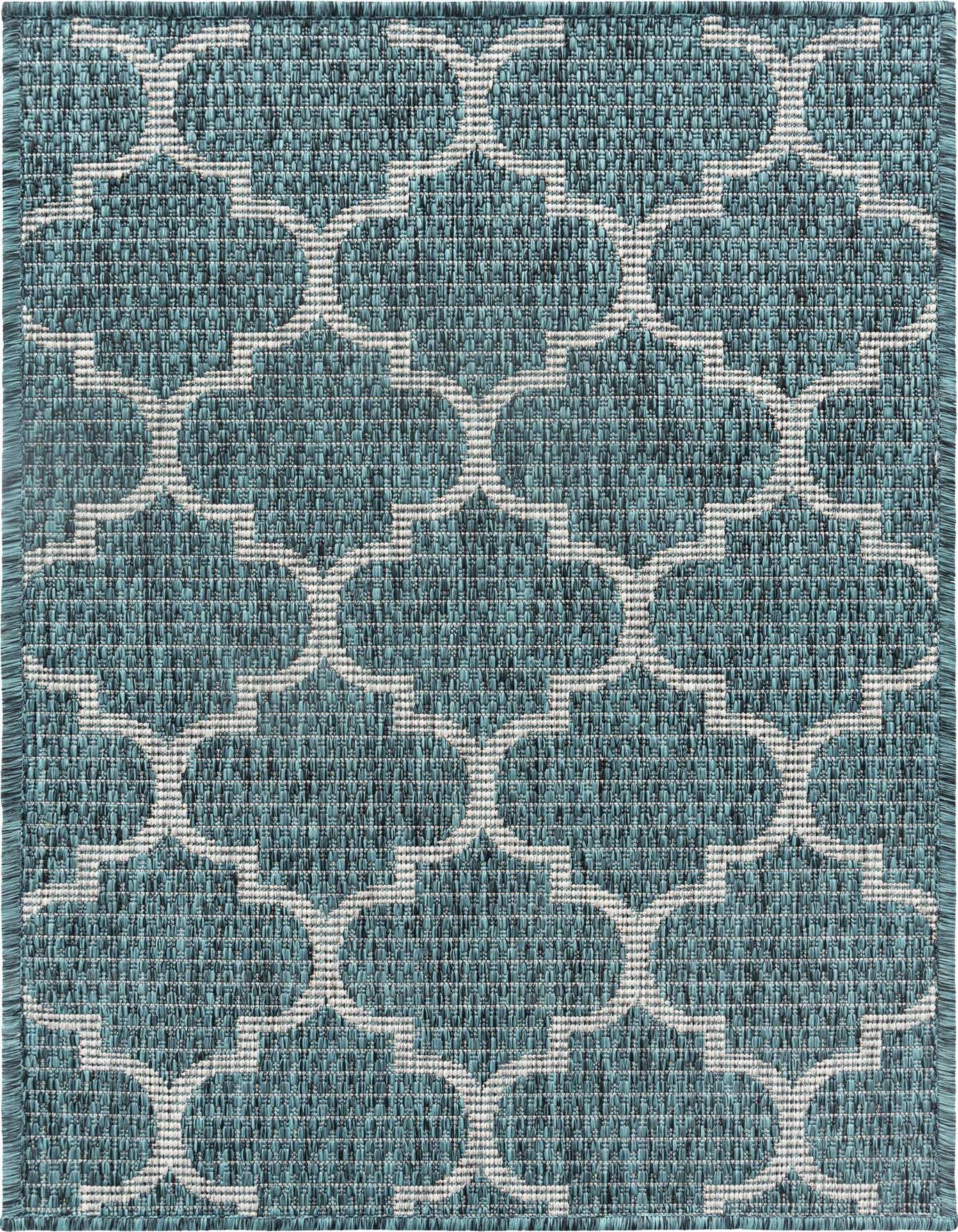 A 2x3 rectangular indoor/outdoor rug featuring a teal and light blue trellis pattern on a textured flatweave.