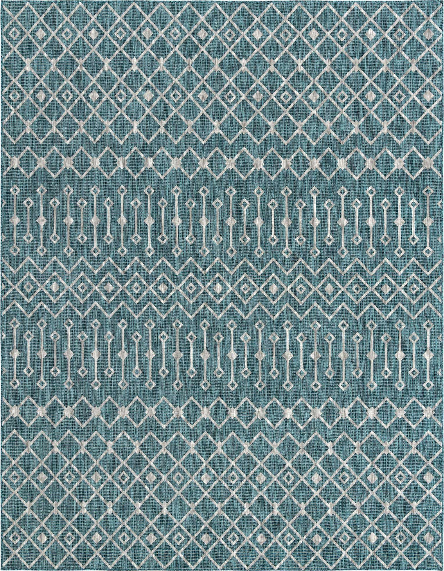 A 10x13 rectangular indoor/outdoor rug featuring a repeating tribal geometric pattern in teal blue and off-white.