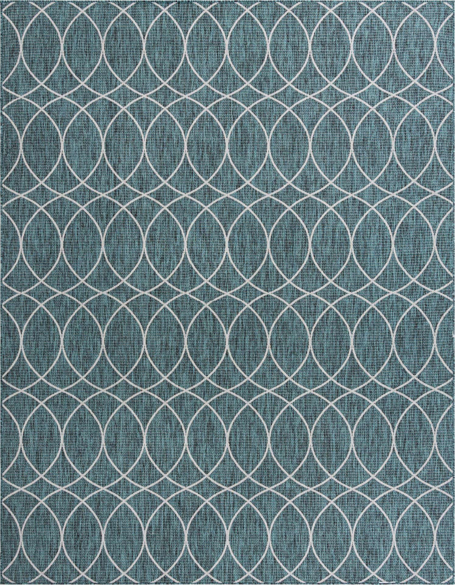 A 9x12 rectangular blue and green indoor/outdoor rug with a modern white trellis pattern, suitable for a patio or living room.