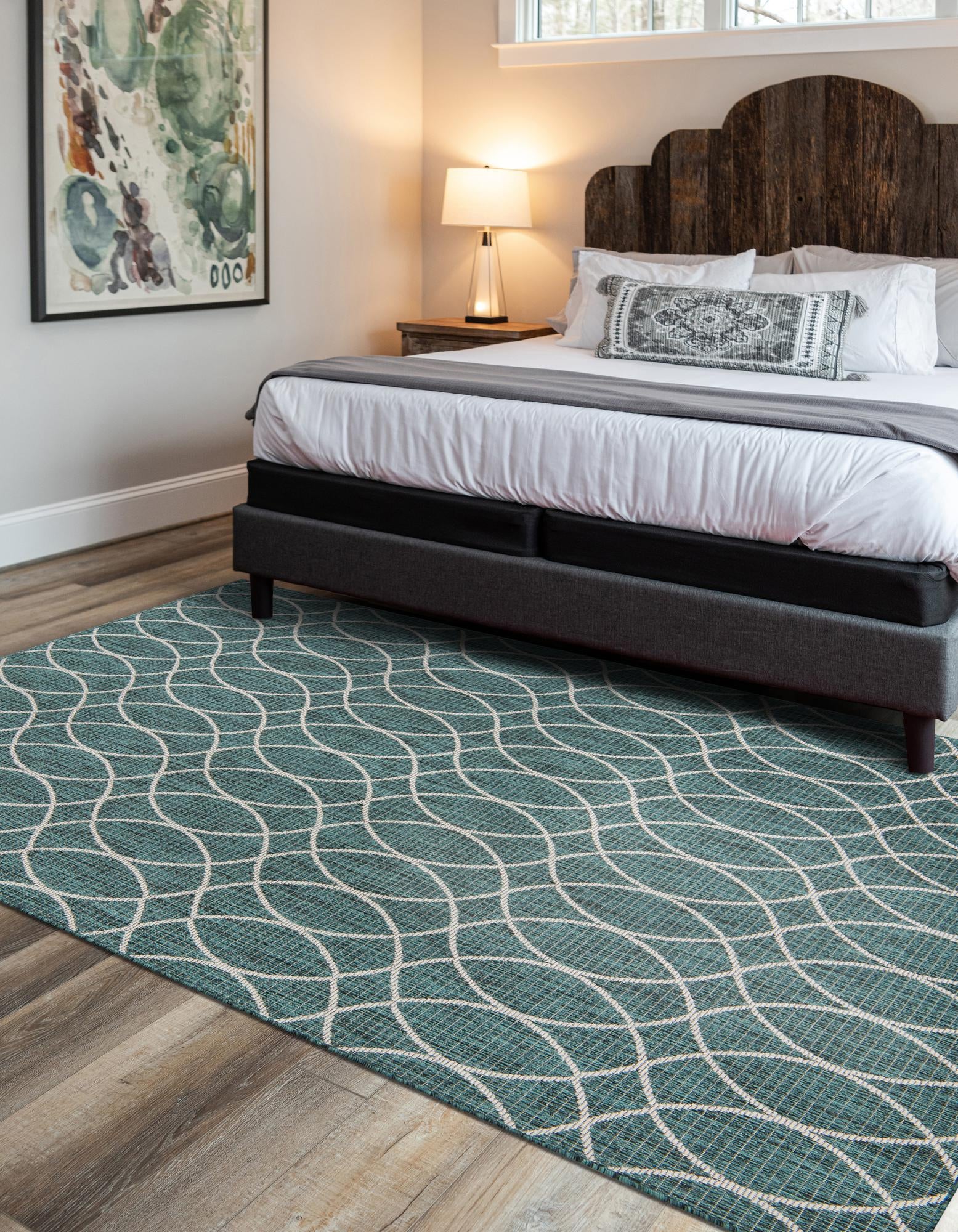 Custom Teal  Washable Lattice Indoor / Outdoor Rug