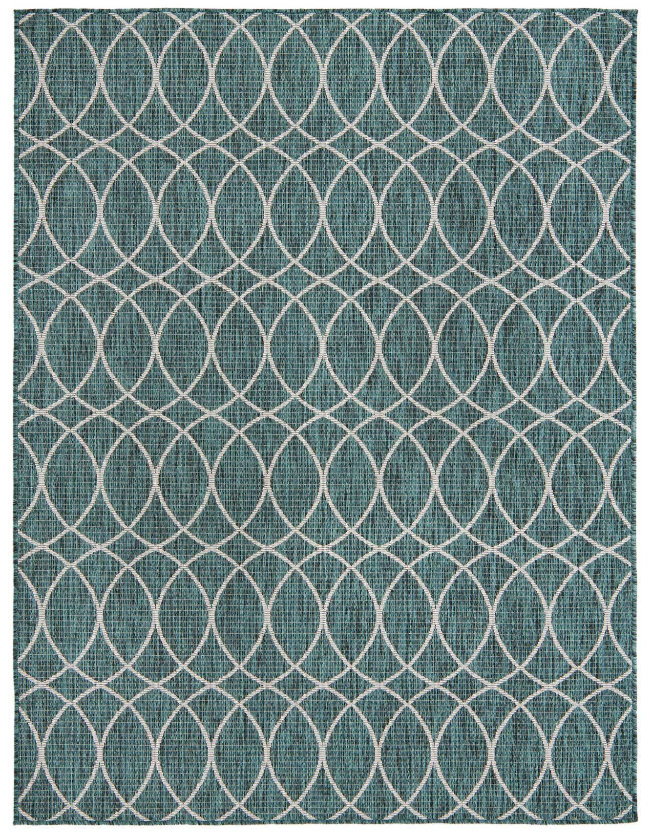 A 5x8 rectangular indoor/outdoor rug featuring a modern white trellis pattern on a textured teal and blue-green background.