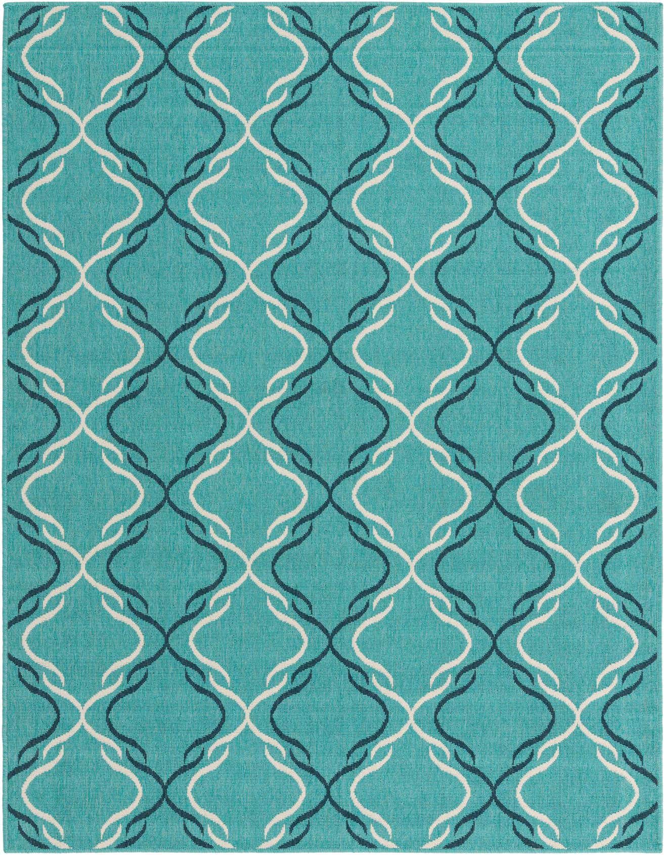 A 5x8 rectangular indoor/outdoor rug featuring a teal background with interlocking white and dark blue lattice patterns.