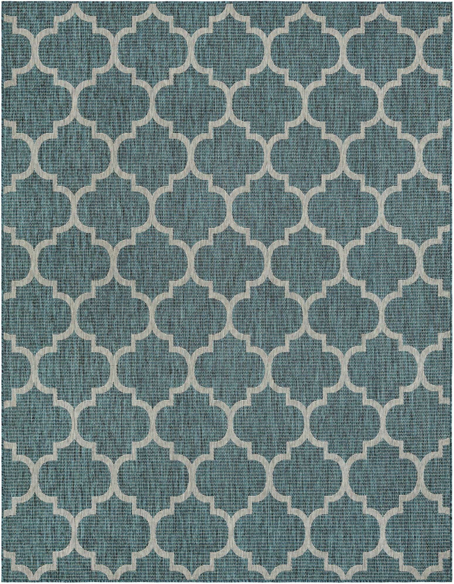 A rectangular 8x10 blue and green modern rug with a white lattice pattern, suitable for indoor or outdoor use.