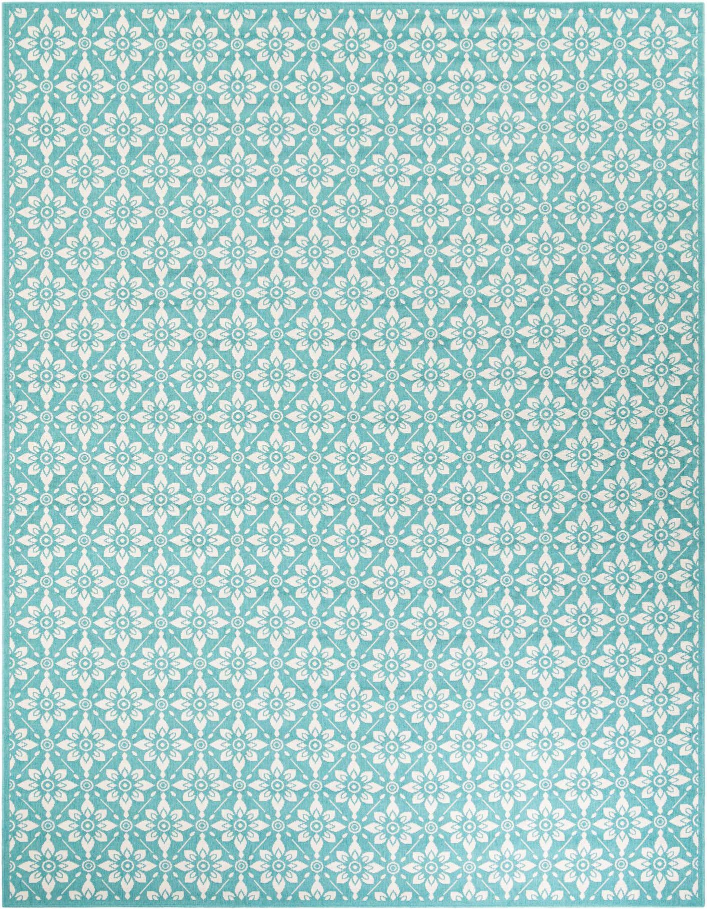 A 10x14 rectangular Rugs.com Outdoor Lattice rug in a vibrant blue-green with a repeating white modern floral pattern, suitable for indoor or outdoor use.