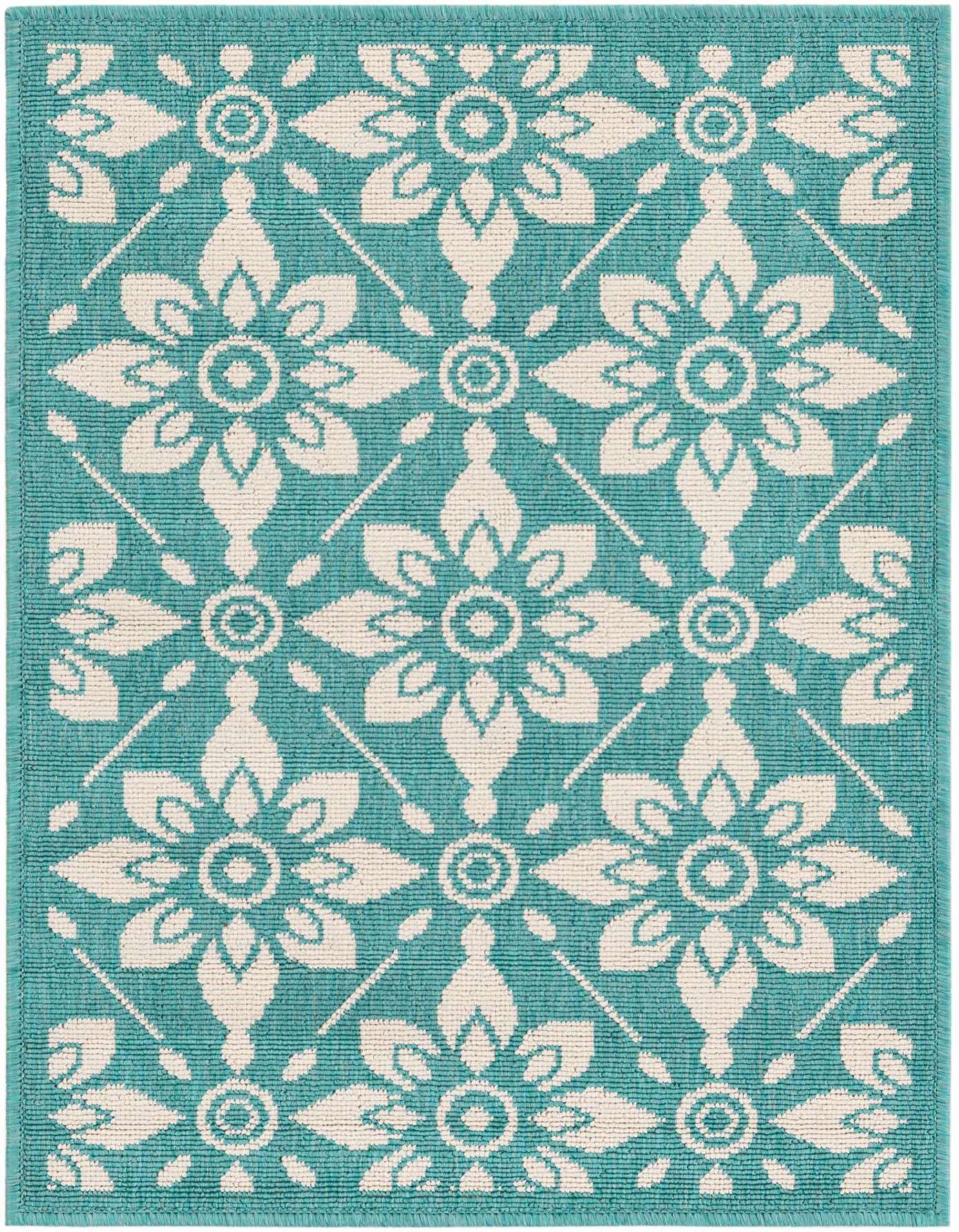 A 2x3 rectangular indoor/outdoor rug with a modern floral lattice pattern in teal blue and cream.