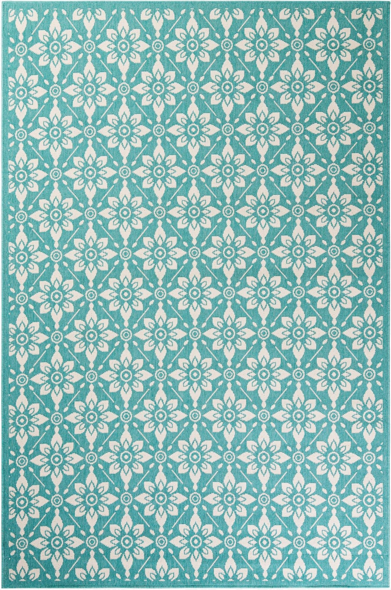 A 6x9 rectangular indoor/outdoor rug featuring a repeating modern floral pattern in teal blue and off-white.
