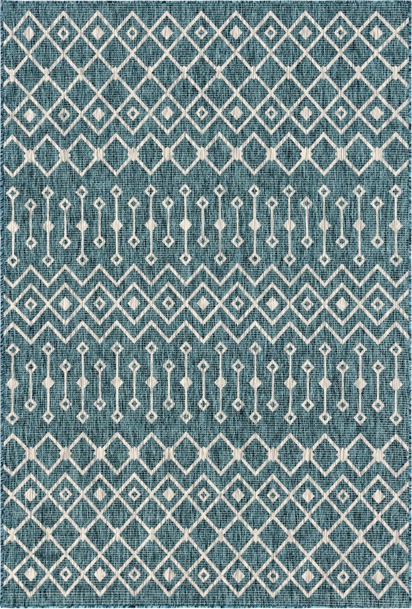 A 6x9 rectangular blue and white flatweave rug with a modern tribal lattice pattern, suitable for indoor or outdoor use.