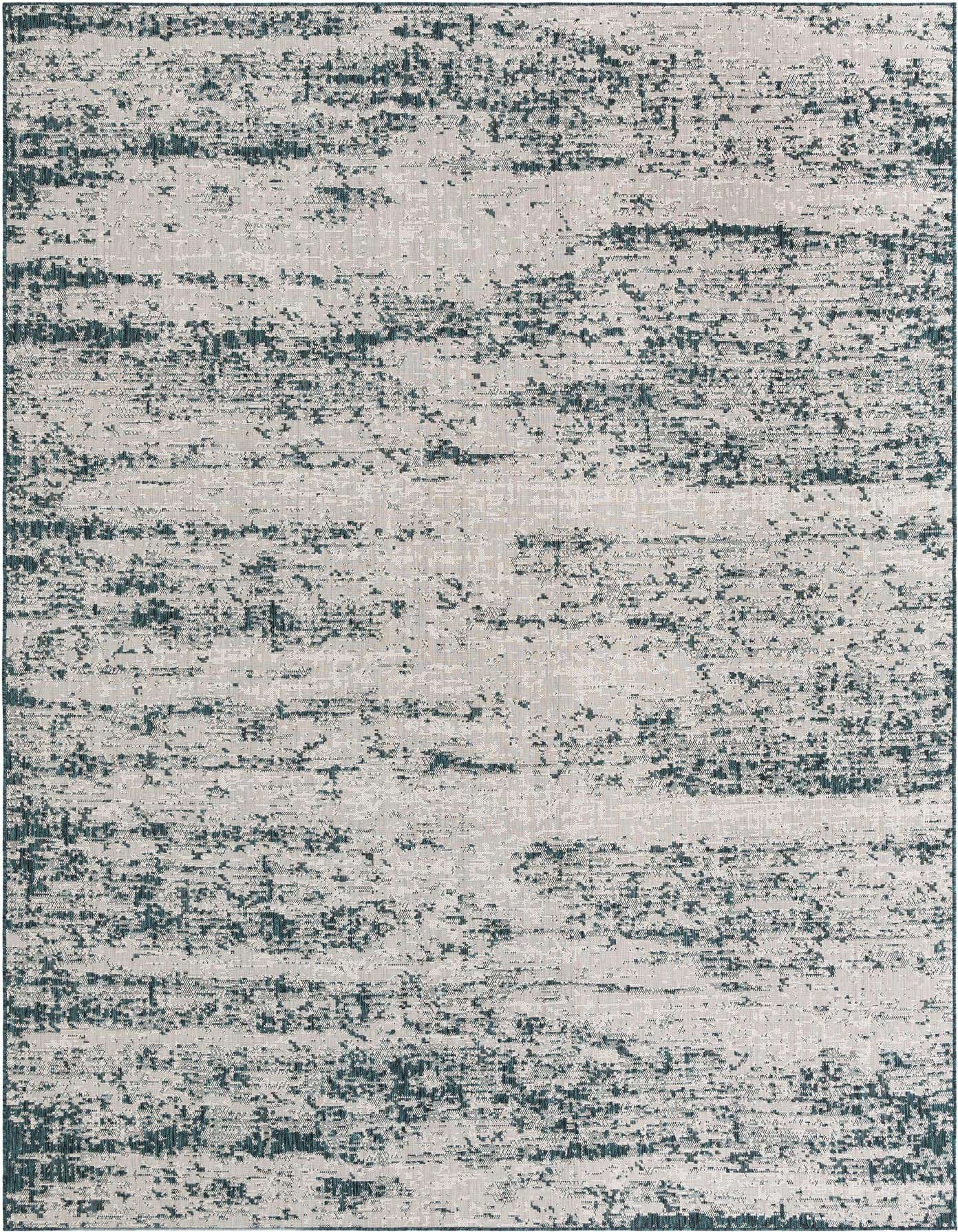 A 10x14 rectangular indoor/outdoor rug with a distressed modern pattern in shades of blue and green, ideal for a patio.