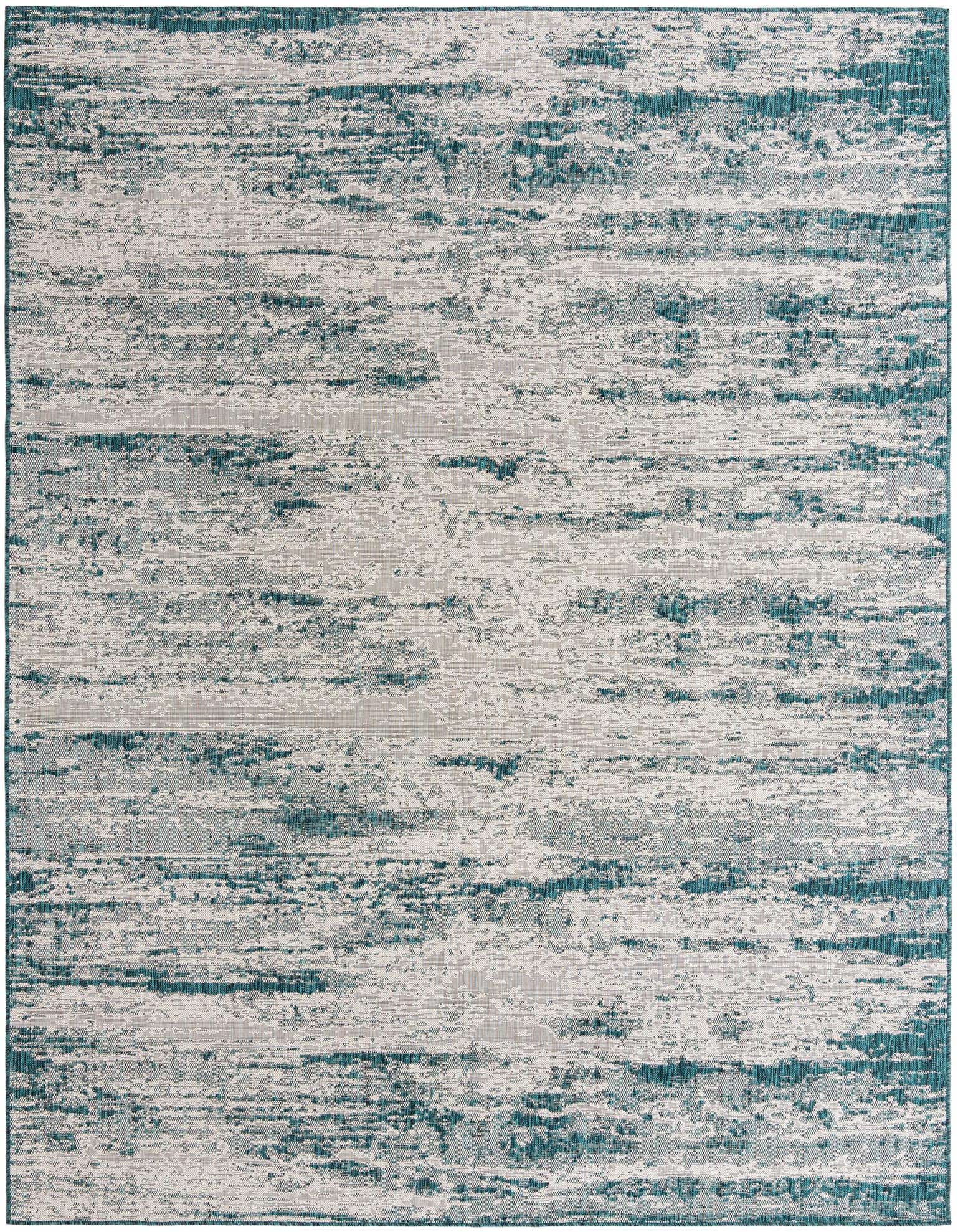 A large 9x12 rectangular indoor/outdoor rug featuring a modern abstract pattern in varying shades of blue and green on a light grey background.
