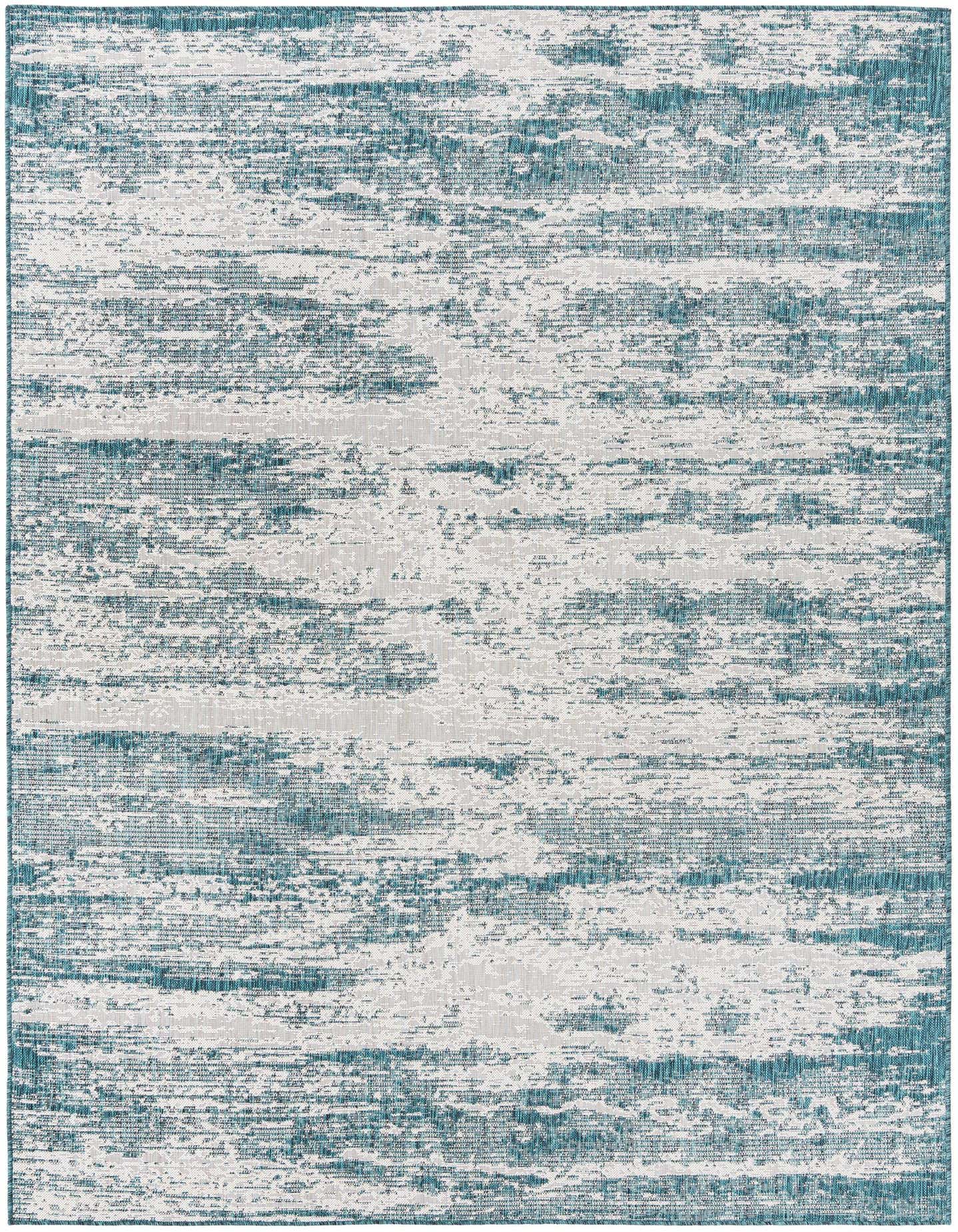 An 8x11 rectangular indoor/outdoor rug featuring a distressed modern pattern in shades of blue and green.
