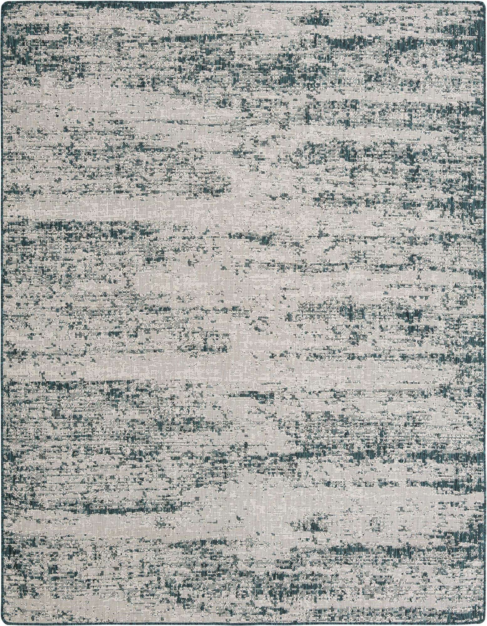 A 7x10 rectangular indoor/outdoor rug with a distressed modern pattern in shades of blue and green.