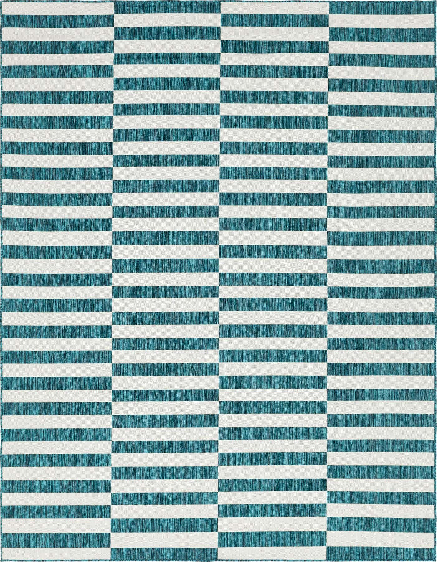 An 8x11 rectangular indoor/outdoor rug featuring a modern Scandinavian stripe pattern in varying shades of blue and white.