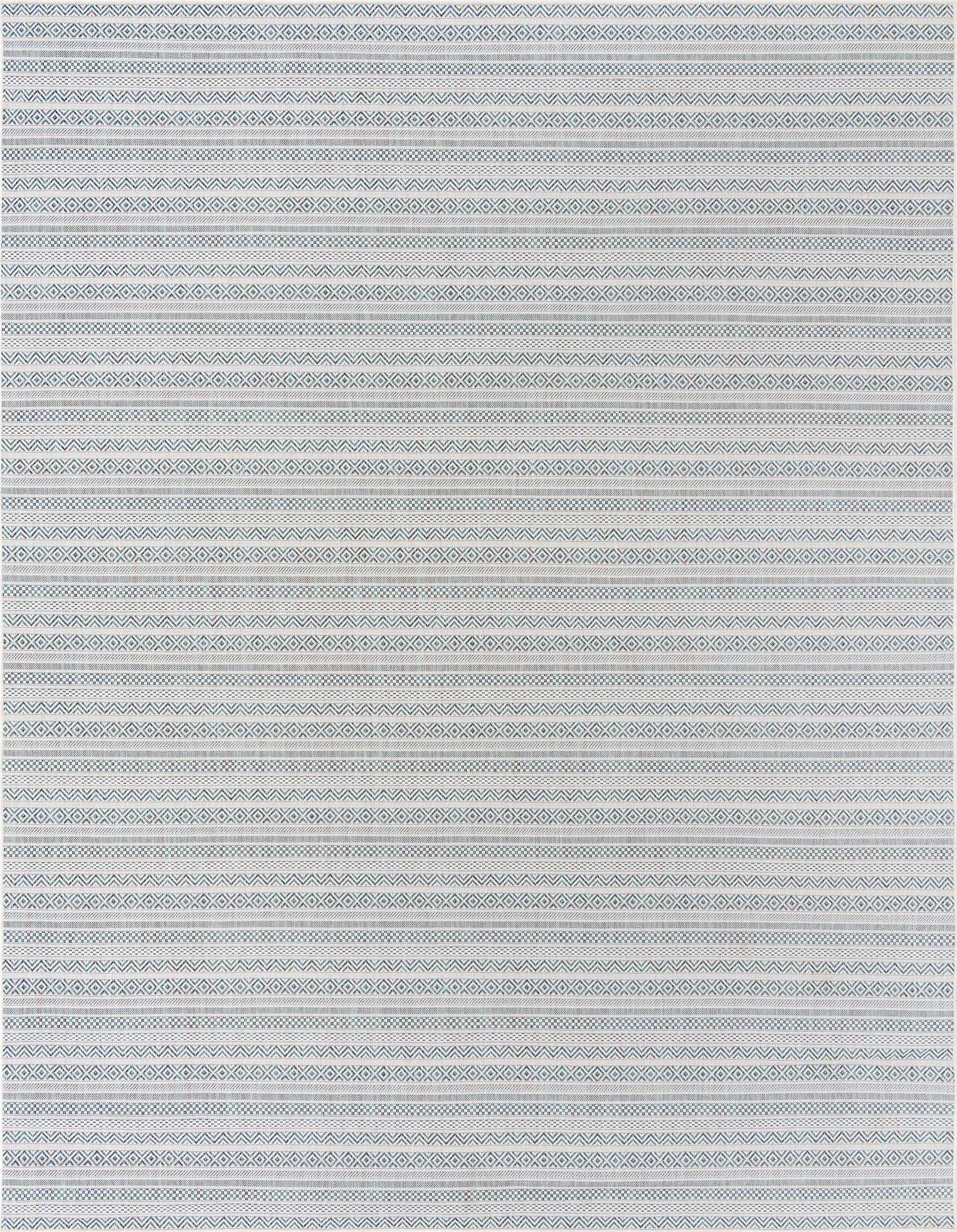 A 10x13 rectangular indoor/outdoor rug featuring horizontal stripes of blue and green tribal patterns on a light background.