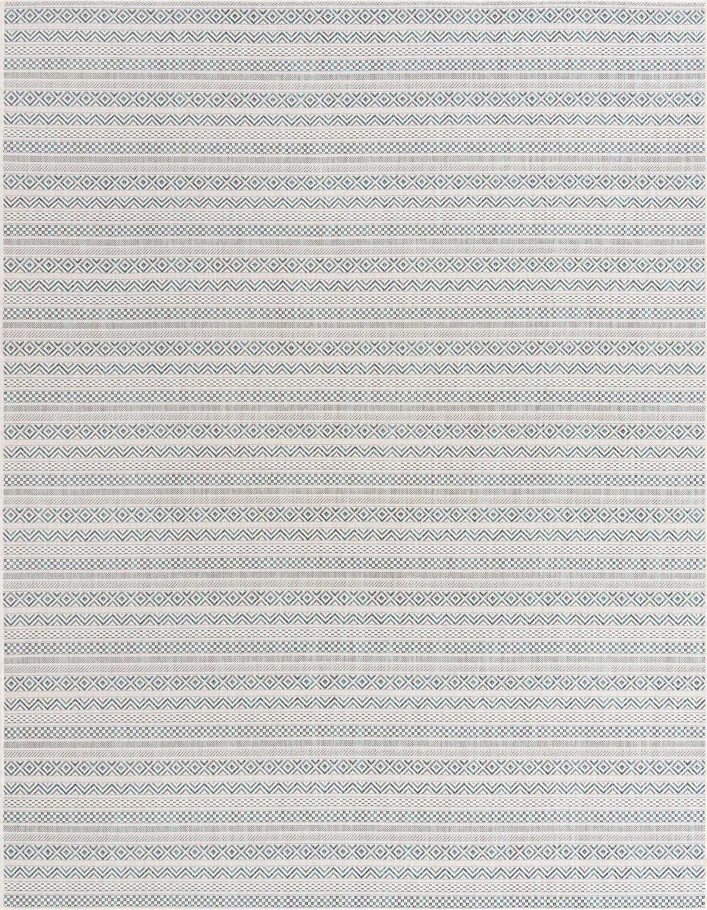 A 7x10 rectangular flatweave rug with a modern tribal pattern in shades of blue and green on a light background, suitable for indoor or outdoor use.