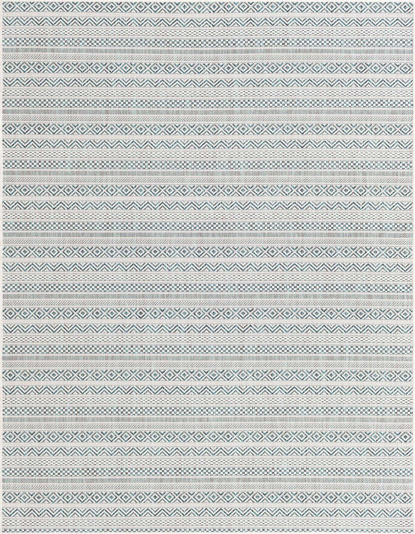 A 5x8 rectangular indoor/outdoor rug featuring horizontal stripes of blue and green tribal patterns on a light background.