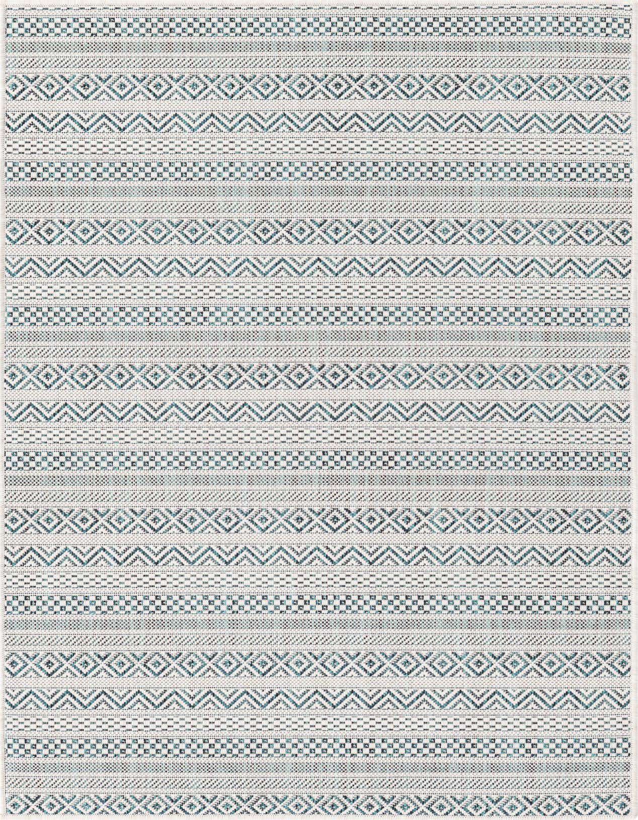 A 3x5 rectangular Rugs.com Outdoor Ribbon rug featuring a modern tribal pattern in blues and greens on a light background, suitable for indoor or outdoor use.