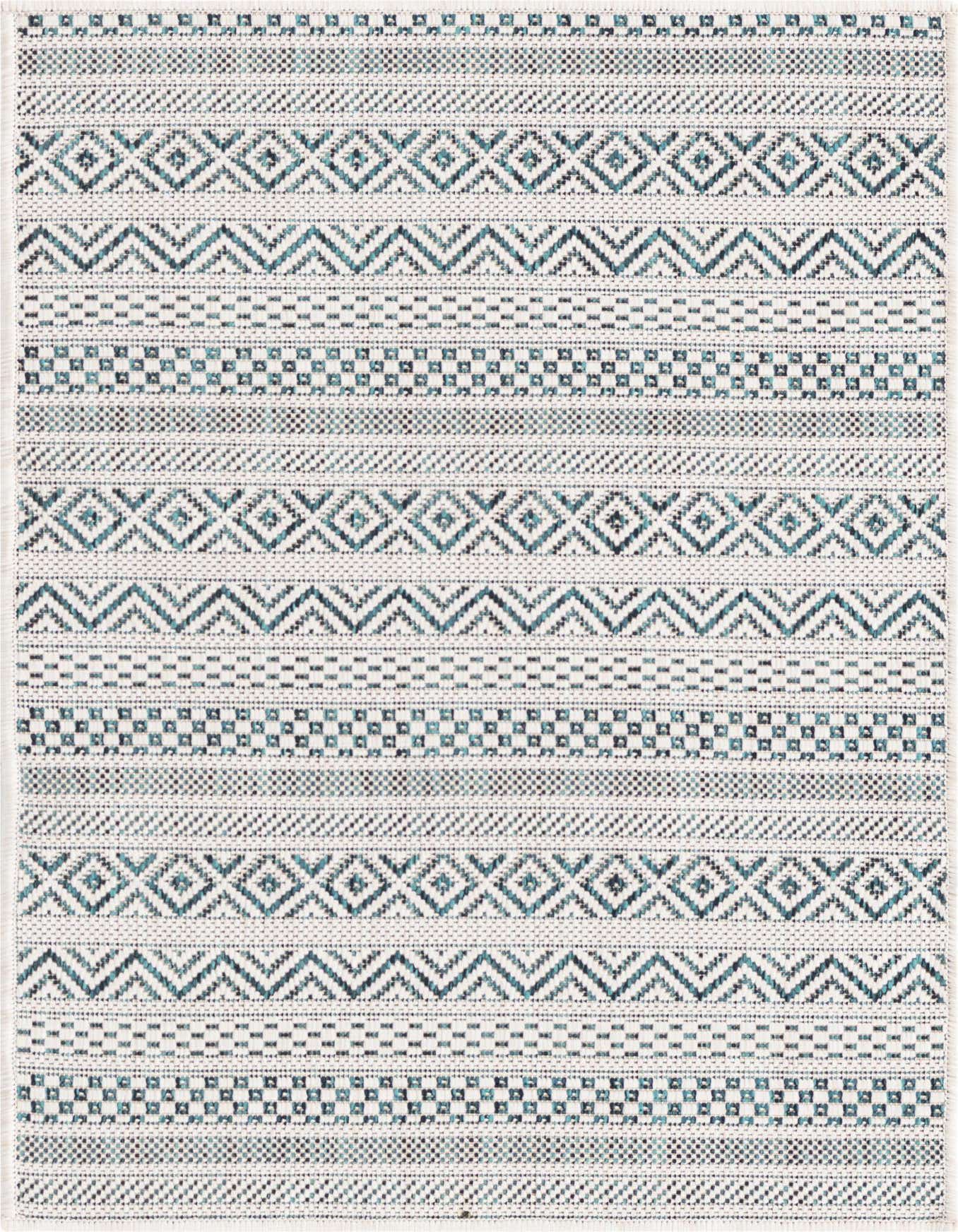 A 2x3 rectangular indoor/outdoor rug featuring a modern tribal pattern in shades of blue and green on a light background.