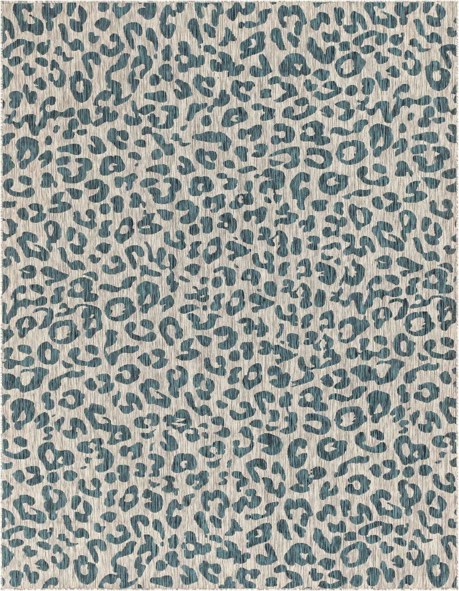 A 9x12 rectangular rug with a modern blue and green leopard print pattern on a light background, suitable for indoor or outdoor use.