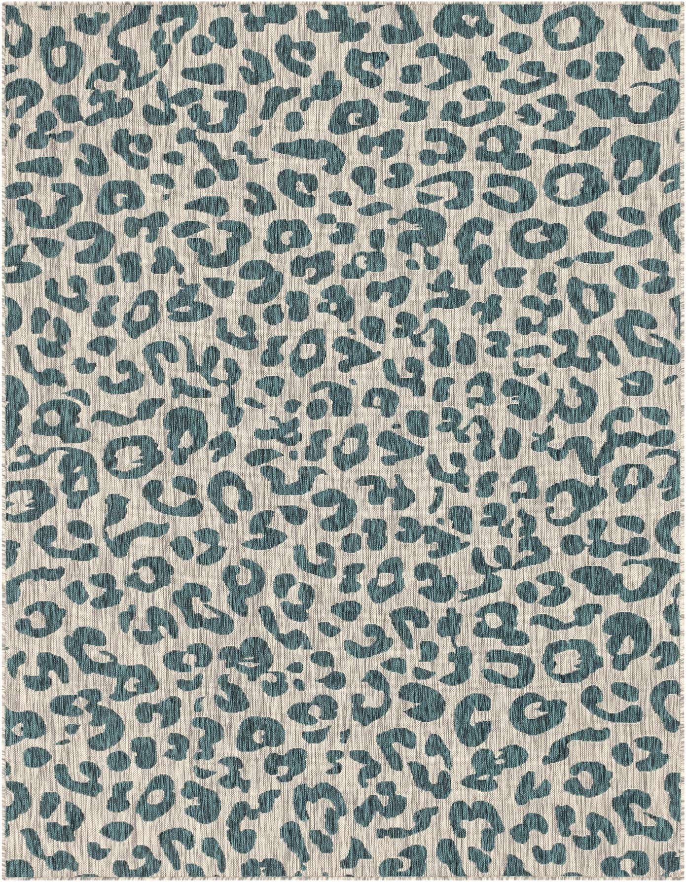 A 6x9 rectangular indoor/outdoor rug featuring a modern blue and green leopard print pattern on a light background, suitable for a patio or living room.