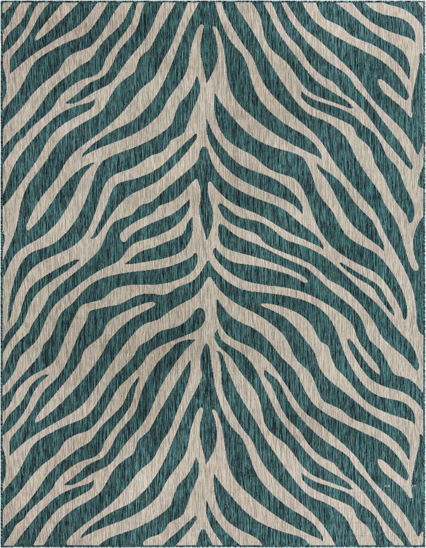 A rectangular 8x11 indoor/outdoor rug featuring a modern zebra stripe pattern in shades of blue and green.