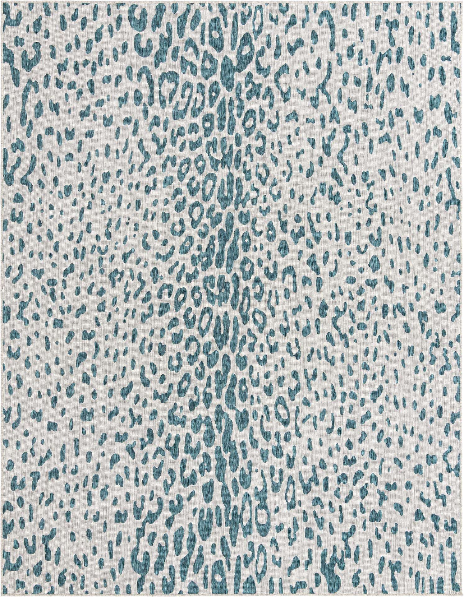 A 9x12 rectangular indoor/outdoor rug featuring a modern leopard print in varying shades of blue and green on a light background.