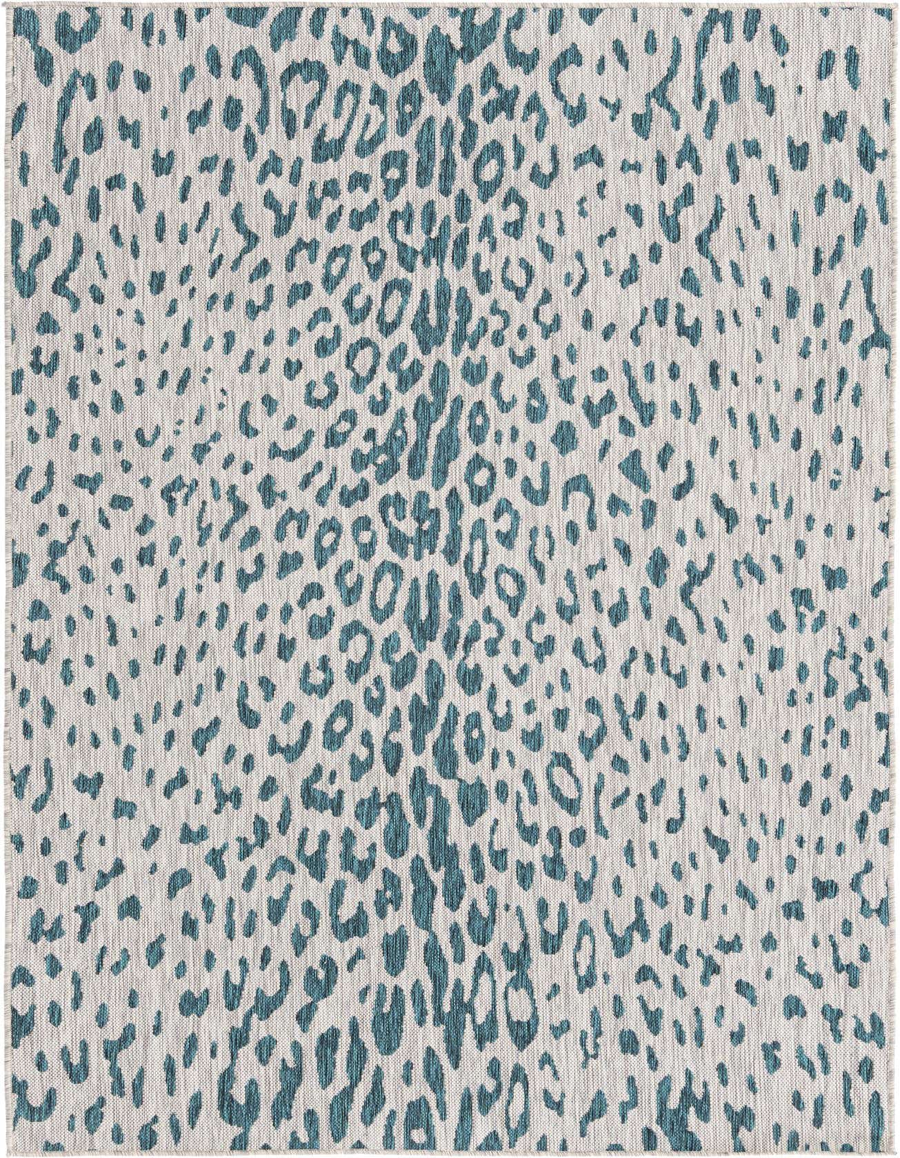 A 5x8 rectangular indoor/outdoor rug with a modern teal blue leopard print pattern on a light grey background.