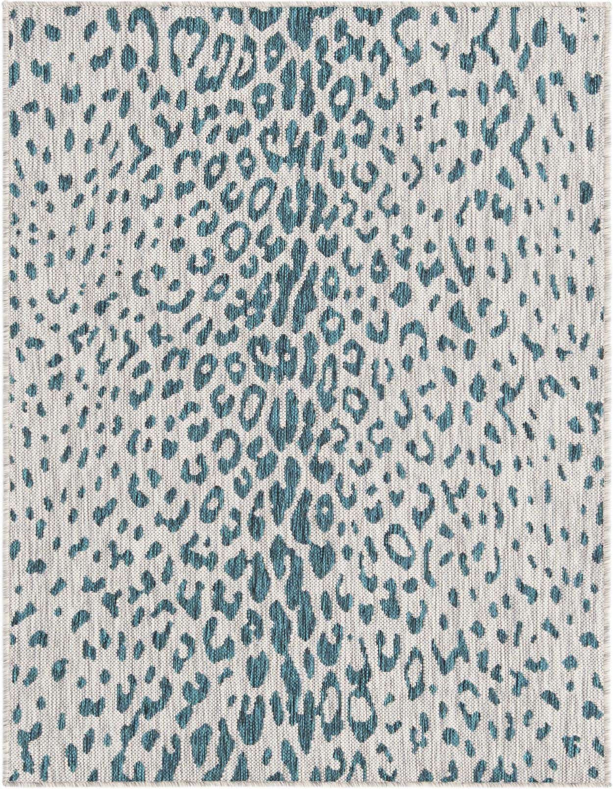 A 3x5 rectangular indoor/outdoor rug featuring a modern leopard print in various shades of blue and green on a light background, suitable for a patio or entryway.