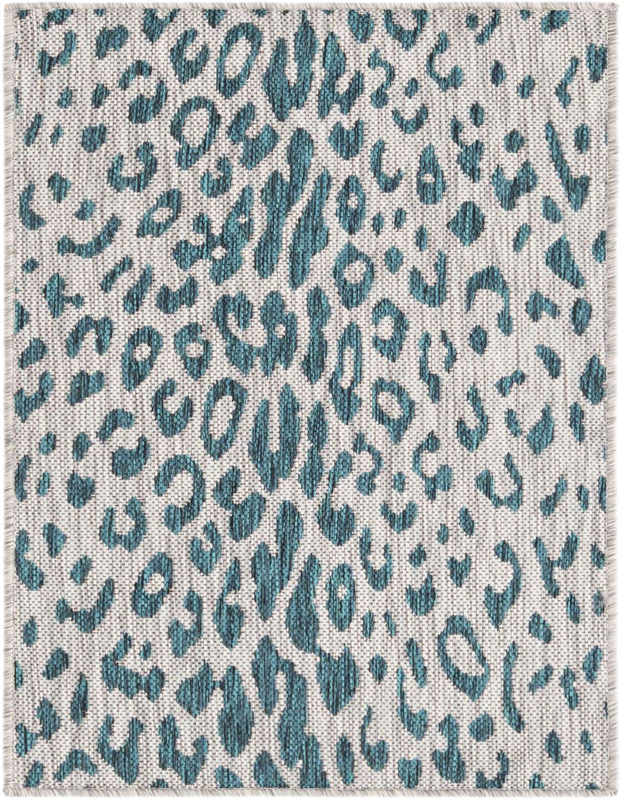 A 2x3 rectangular Rugs.com Outdoor Safari rug with a modern blue and green animal print pattern on a light background, suitable for indoor/outdoor use.