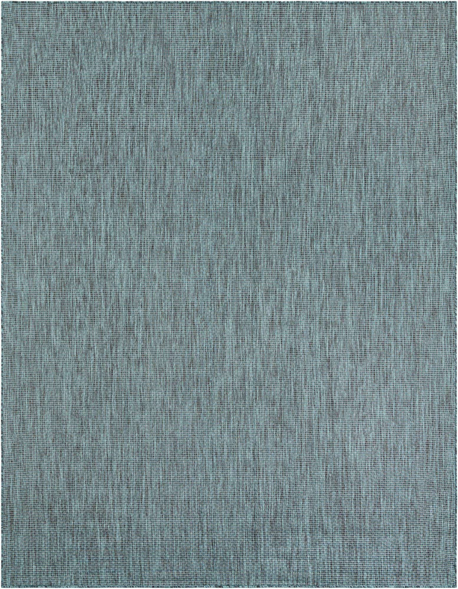 A large 8x10 rectangular indoor/outdoor rug in a solid blue-green textured flatweave, perfect for a patio or living room.